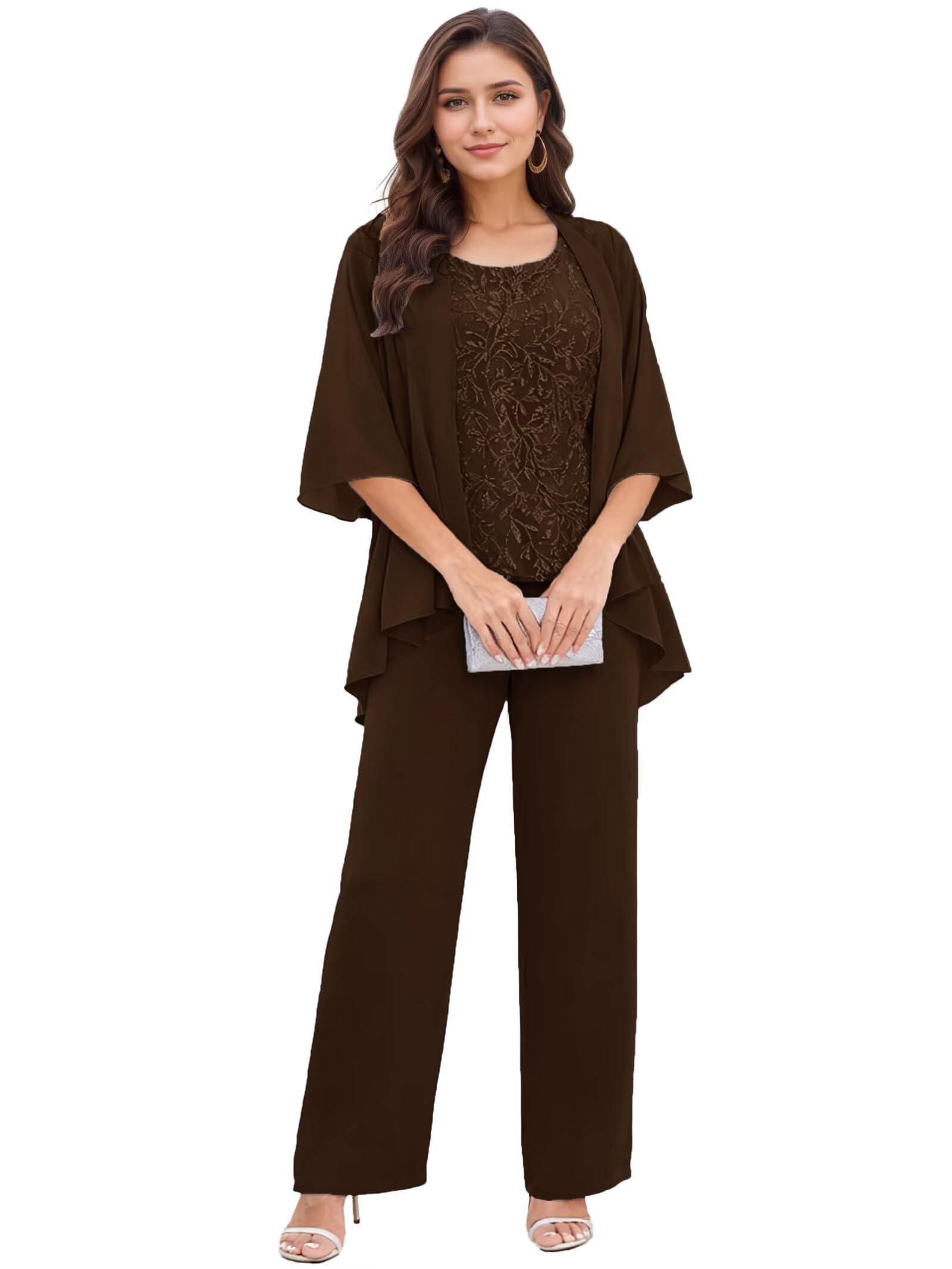 Infuness 3 Teilig Brautmutter Hosenanzug für Hochzeit Pailletten Chiffon Hosenanzug Damen Festlich mit Jacke Große Größen