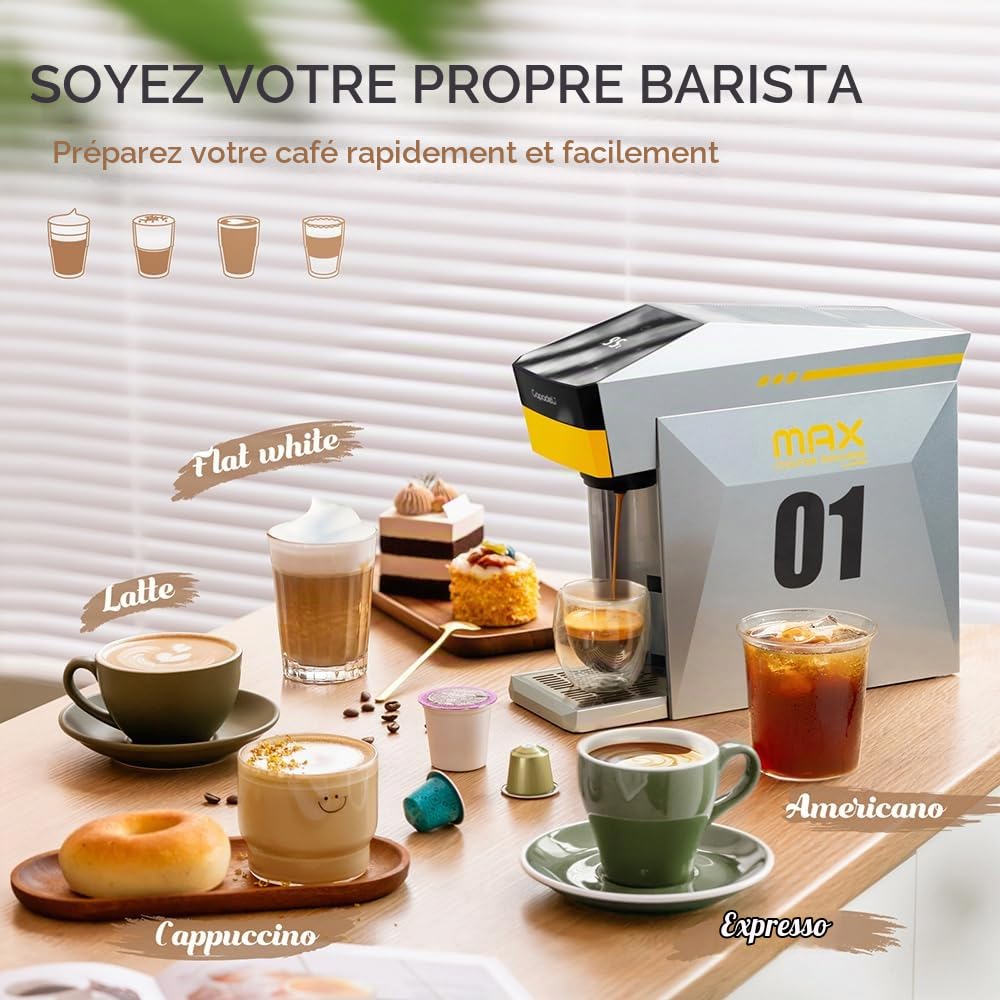 Machine à Expresso Multifonctionnelle 3 en 1, 19 Bar, pour Capsules Nespresso Original/L'OR/Dolce Gusto/Café Moulu (Orange)