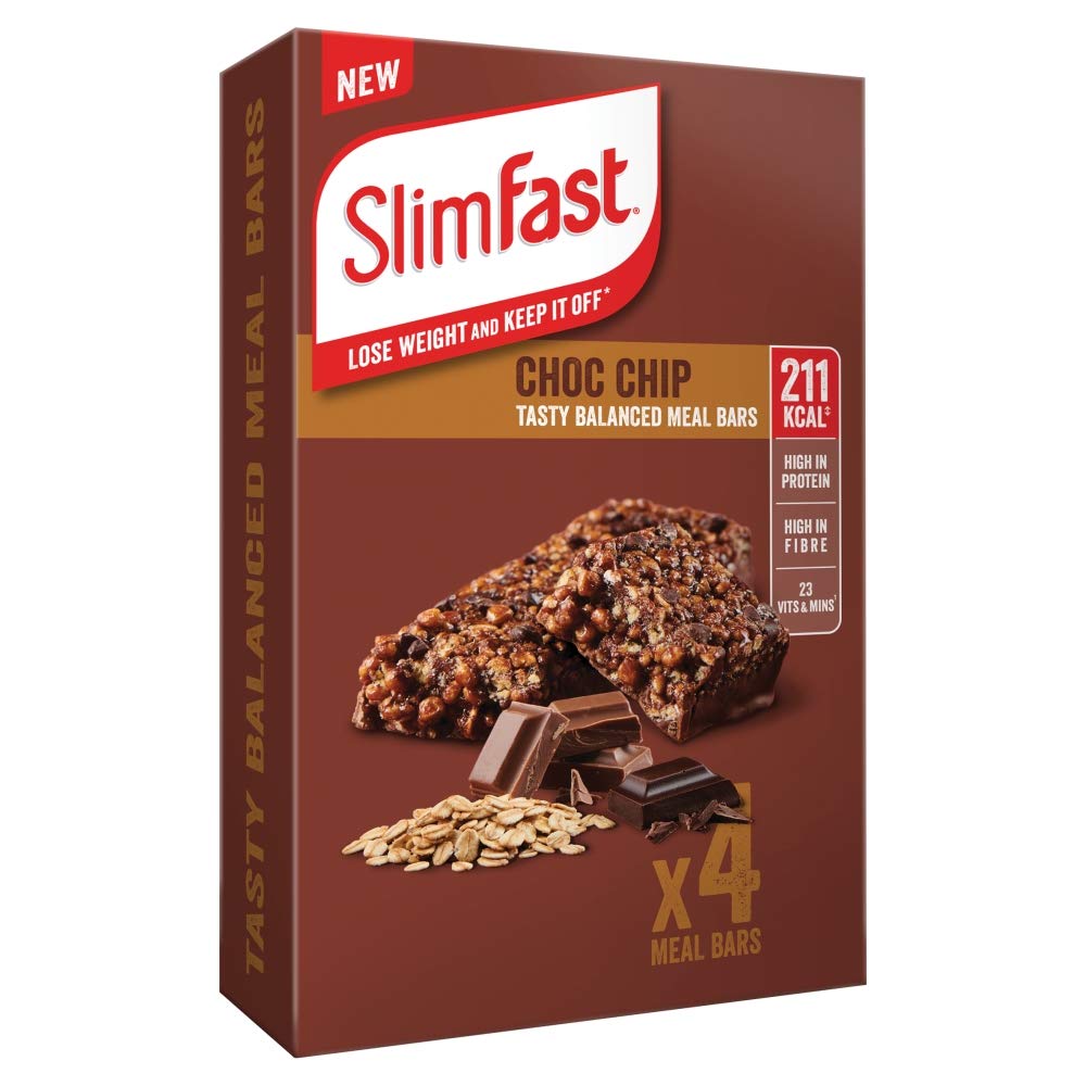 SlimFastChoc Chip Meal Replacement Bar - 4x60g - Low Calorie Meal Replacement for Weight Loss & Diet - 15g Protein, 23 Vitamins & Minerals, 221 Kcal - Meal Replacement Shake Alternative