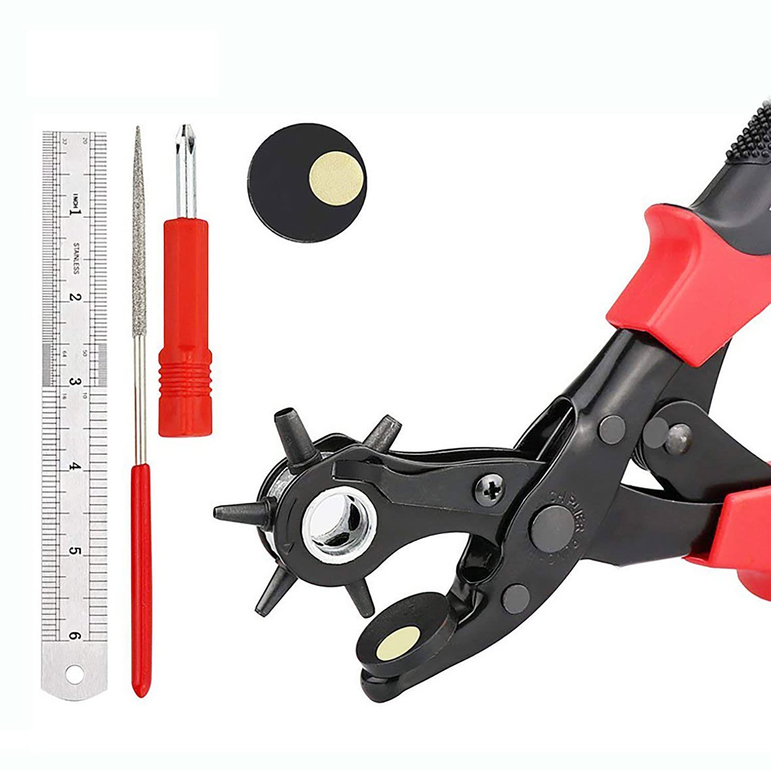 Leather Hole Punch, Heavy Duty Revolving Plier Tool with Extra Plates and Ruler