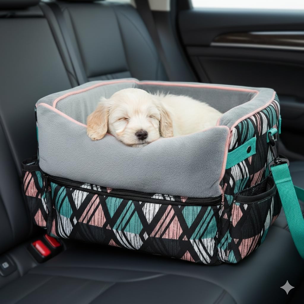 Dog Car Booster Seat for Small Dogs – Secure Pet Travel Carrier with Safety Belt & Storage Pockets –Portable Center Console Dog Car Seat