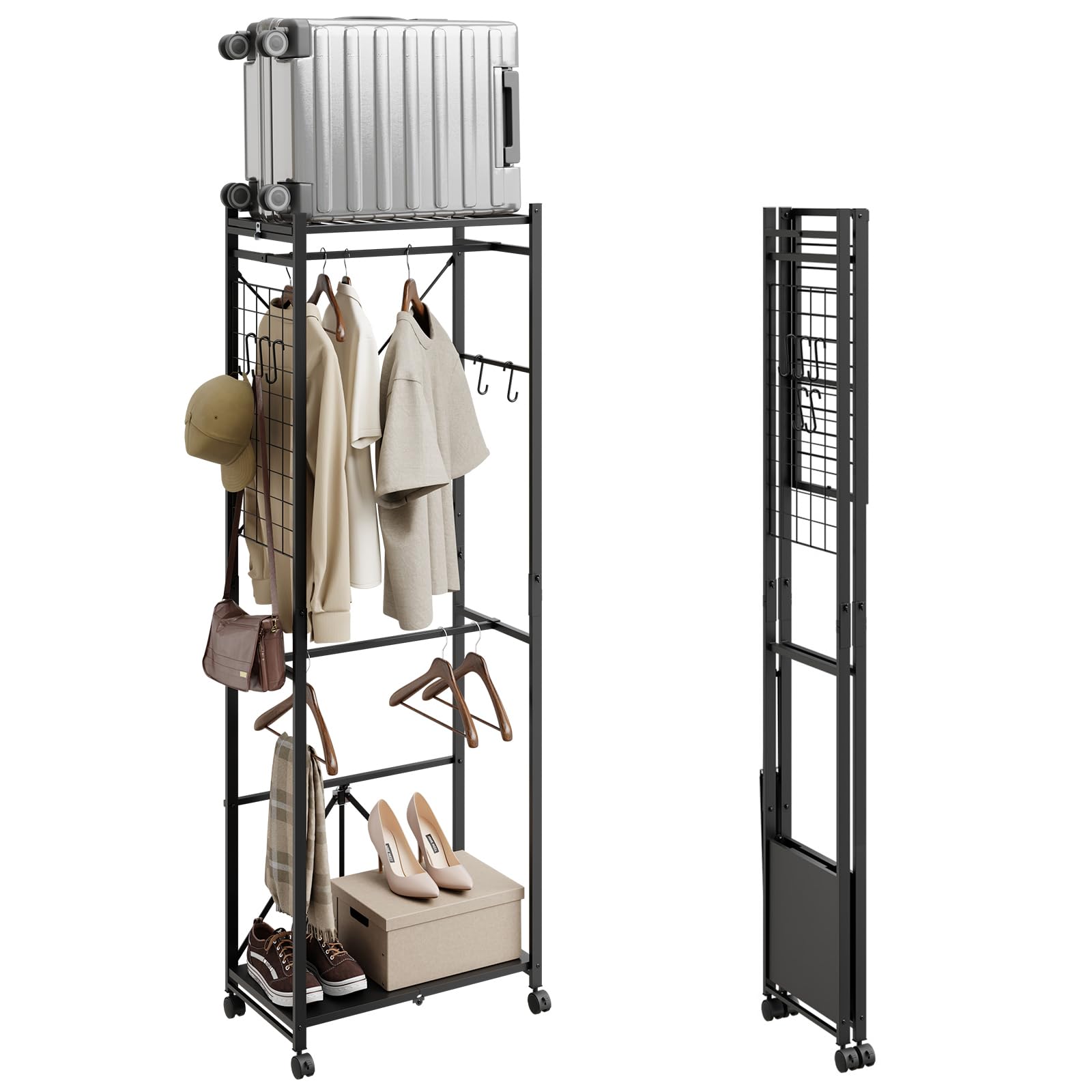 SoBuy Klappbarer Kleiderständer Schmal auf Rollen, 60,5x32,5x175cm | mit Schuhablage, Haken & Gepäckständer für Schlafzimmer Flur Wäscheraum, werkzeugfreie Montage, Schwarz, KLS21-SCH