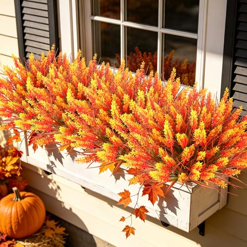 Image of AmyHomie 16 PCS Artificial Fall Flowers for Outdoors,Fake Lavender Plants