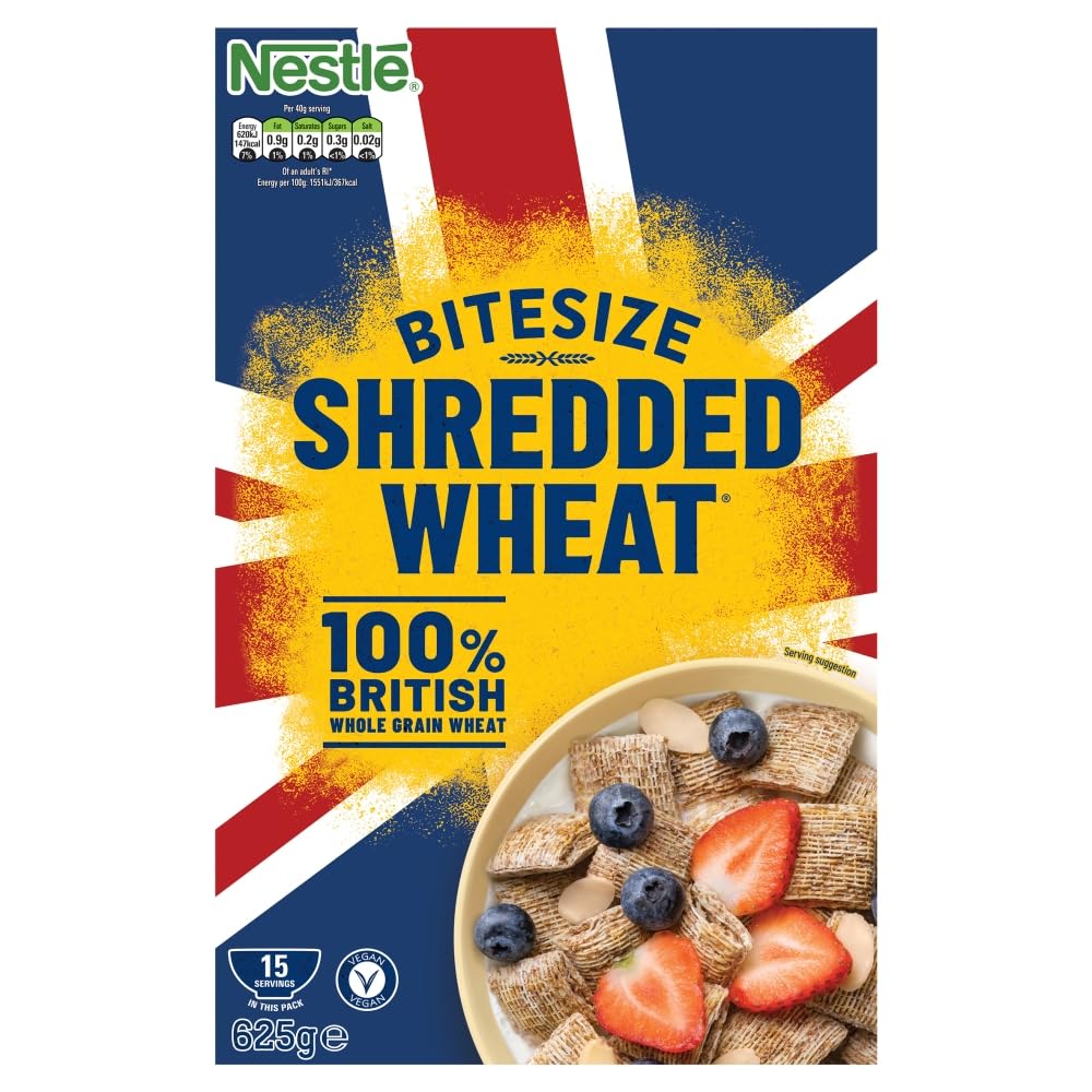 Cereals - Shredded Wheat Breakfast Cereal - Bitesize Crunchy Wholegrain Biscuits, High Fibre, No Added Sugar - 625g