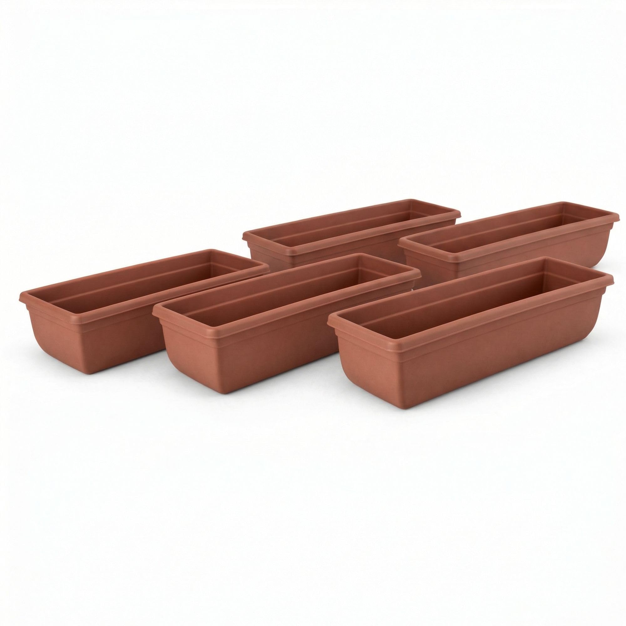 SIDSONS 5x Plastic Garden Trough Long Window Planter Flower Box Plastic Vegetable Planters Flower Pot Herb Planter Box Windowsill Patio Garden Home Decor Terracotta 60CM, TR-6-04