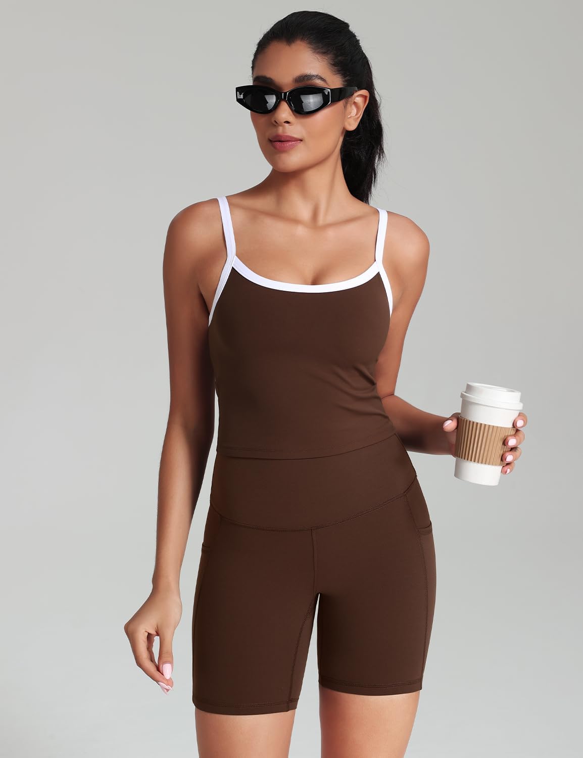 HeyNuts Vintage Color-Block Strappy Crop Tank Top for Womens, Cute Contrasting Trim Yoga Longline Sports Bras Padded A-D Cups - Image 2