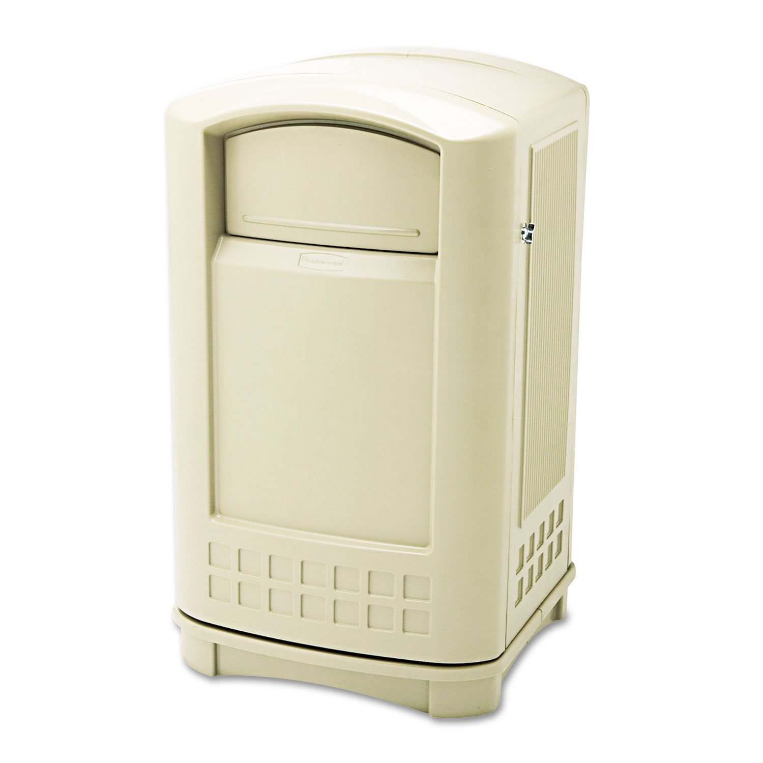 Rubbermaid Commercial Products Plaza Trash Can with Swing Doors 50-Gallon Beige Large Outdoor Wastebasket for Stadiums Malls Airports