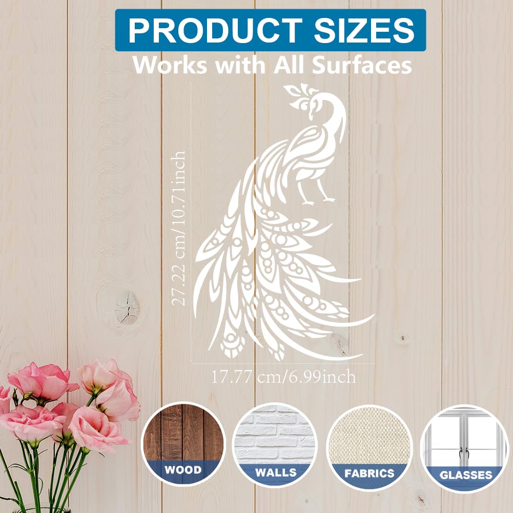MAYJOYDIY Plantilla de pavo real de 11.7 x 8.3 pulgadas, plantillas grandes de dibujo de pavo real con pincel de pintura, plantilla decorativa reutilizable de plumas de pavo real para lienzo, pared,