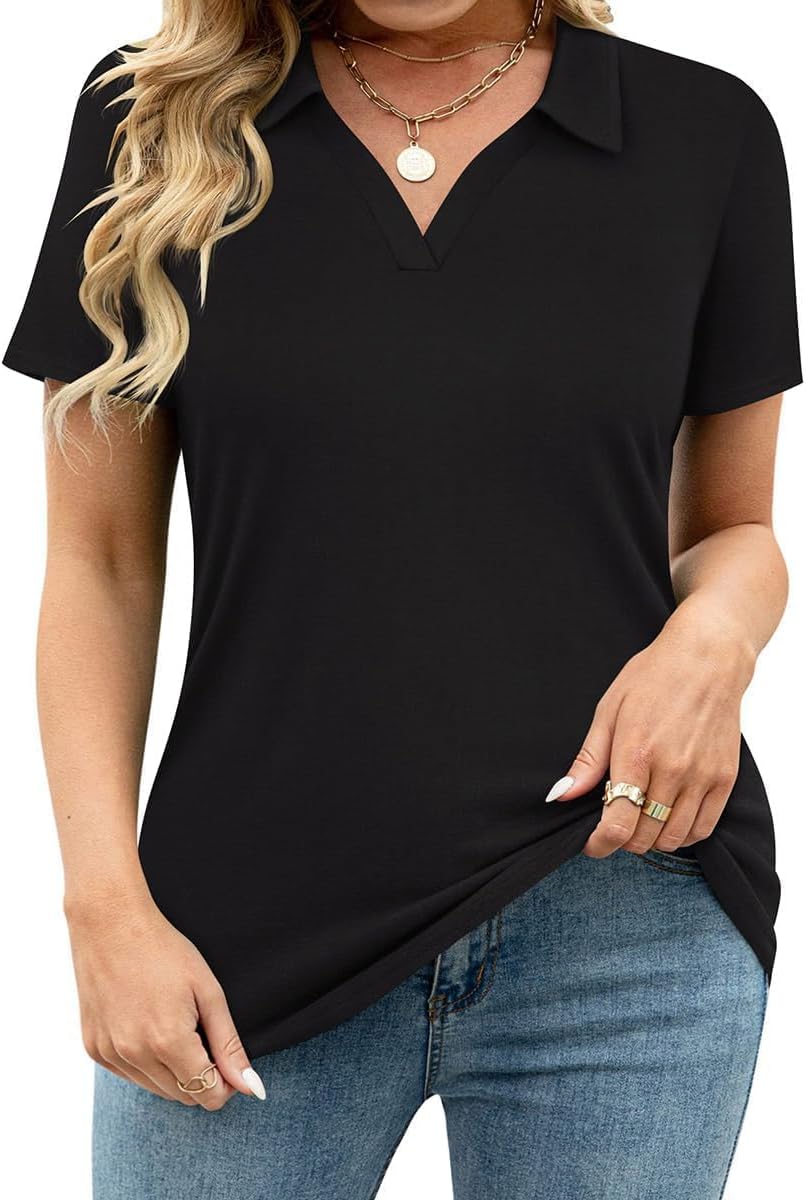 TIYOMI Plus Size Collared Polo Shirts Summer Short Sleeve V Neck Business Tops for Women XL-5XL