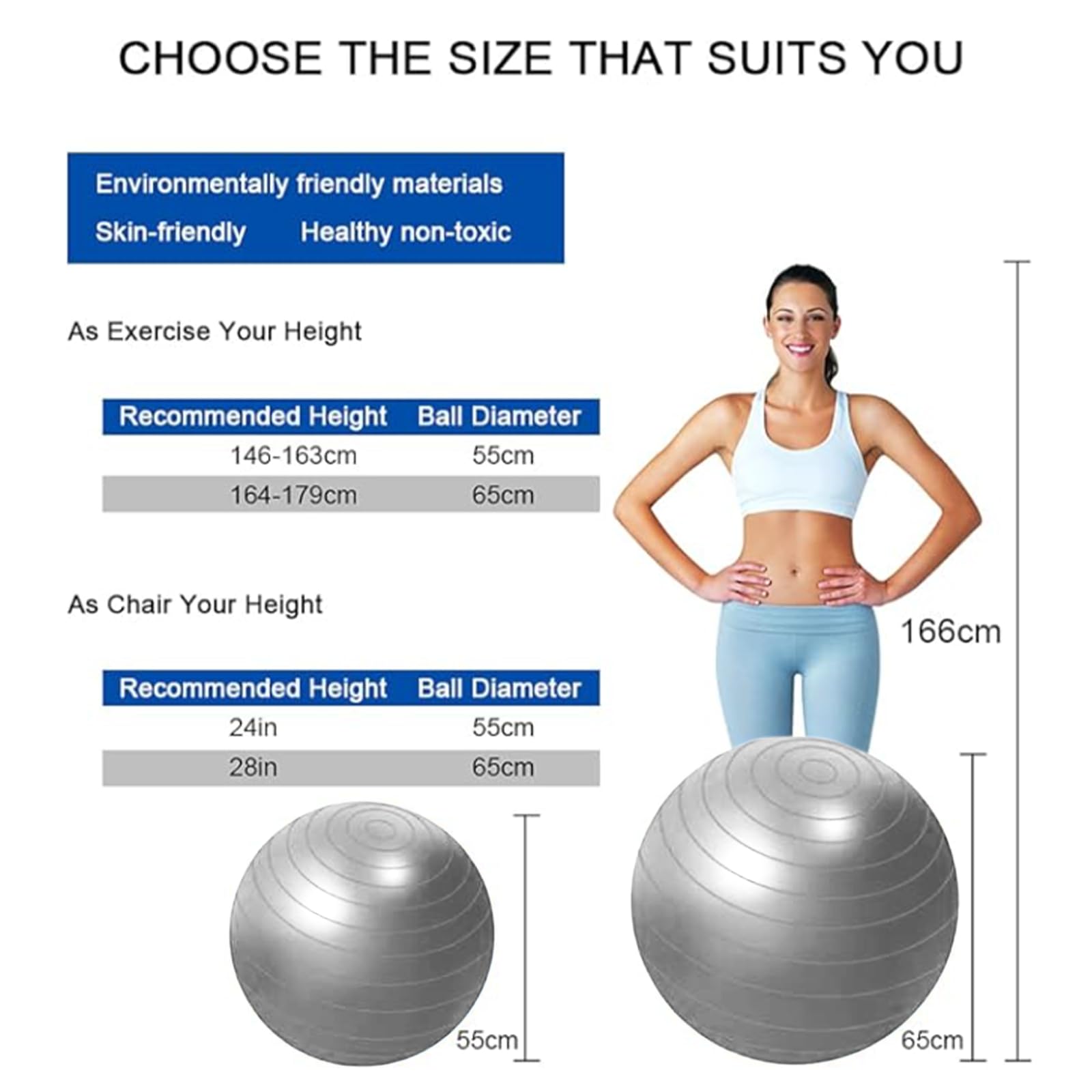 flintronic Palla Fitness, Palla da Ginnastica, 55/65cm Palla Anti-Scoppio, Palla di stabilità, con Pompa, Strumento Tappo Pompa, E Manuale per Yoga, Esercizi di Equilibrio, Allenamento, Fitness