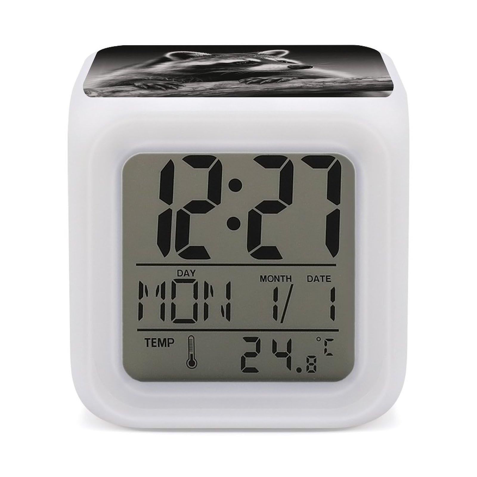FodPand 7 Color Ambient Night Light Cube Battery Operated Raccoon Black Digital Clock with Snooze Temperature LED Digital Alarm Clocks Dimmable Wake Up Light Portable Mood Lamp for Bedroom Desk Gift