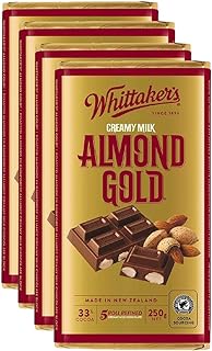 Whittaker's Almond Gold Chocolate Block 250g (Pack of 4) （Made in New Zealand）