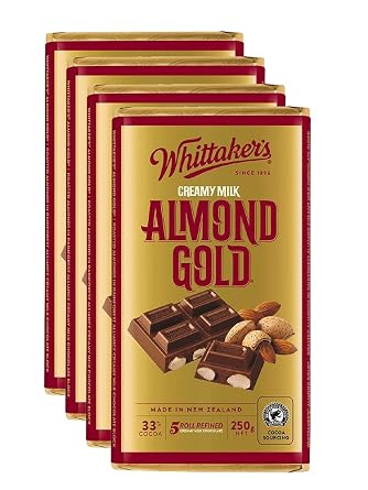 Whittakers Almond Gold Chocolate Block 250g Pack of 4 Made in New Zealand