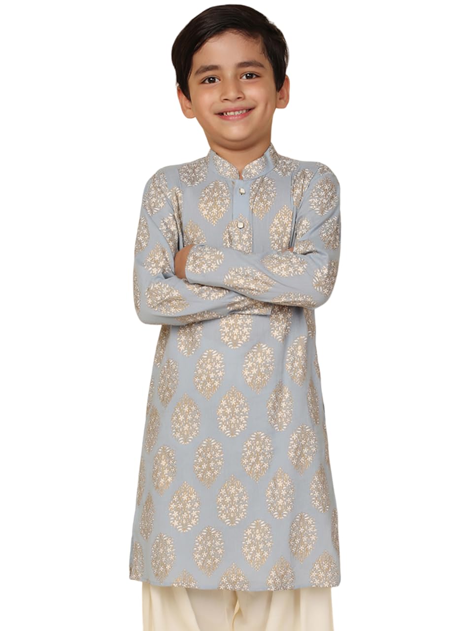Kisah Kid's Cotton Full Sleeves Regular Fit Knee Length Ethnic Motifs Blue Kurta (9-10Y)