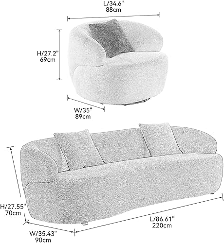 Miniatura 2 de WILLIAMSPACE Sofá curvo moderno de lujo con asiento giratorio redondo y decorativo, juego de 2 piezas, sofá tapizado de tela boucle con 3 cojines