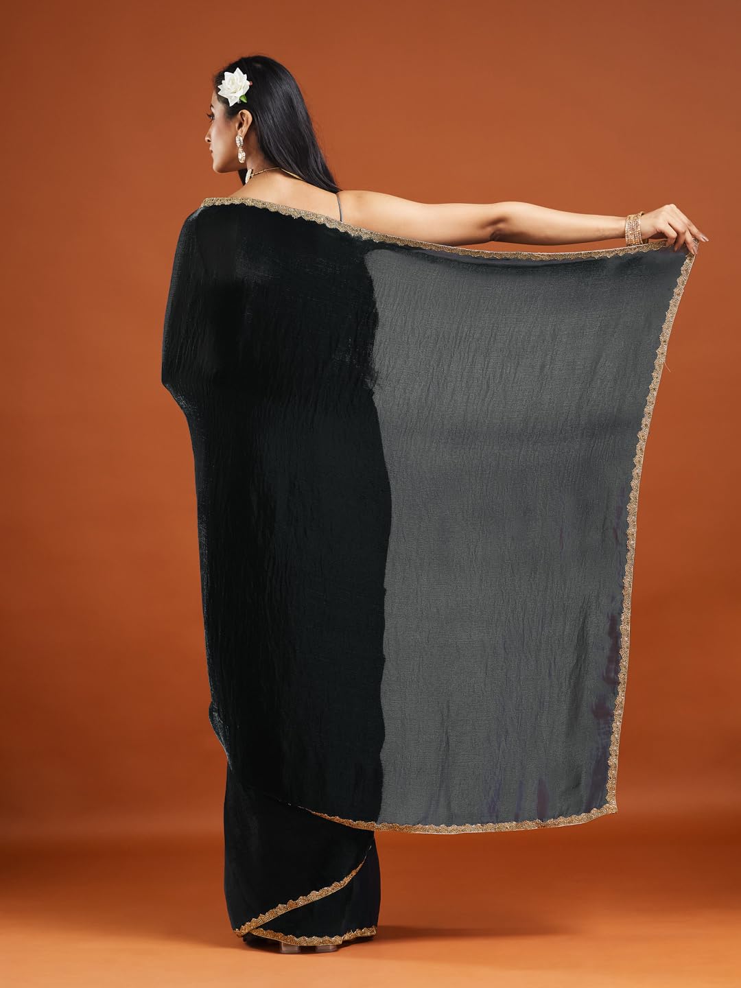 LOROFY Women's Chiffon Two Tone Saree (With Blouse) (Black) - Image 2 thumbnail