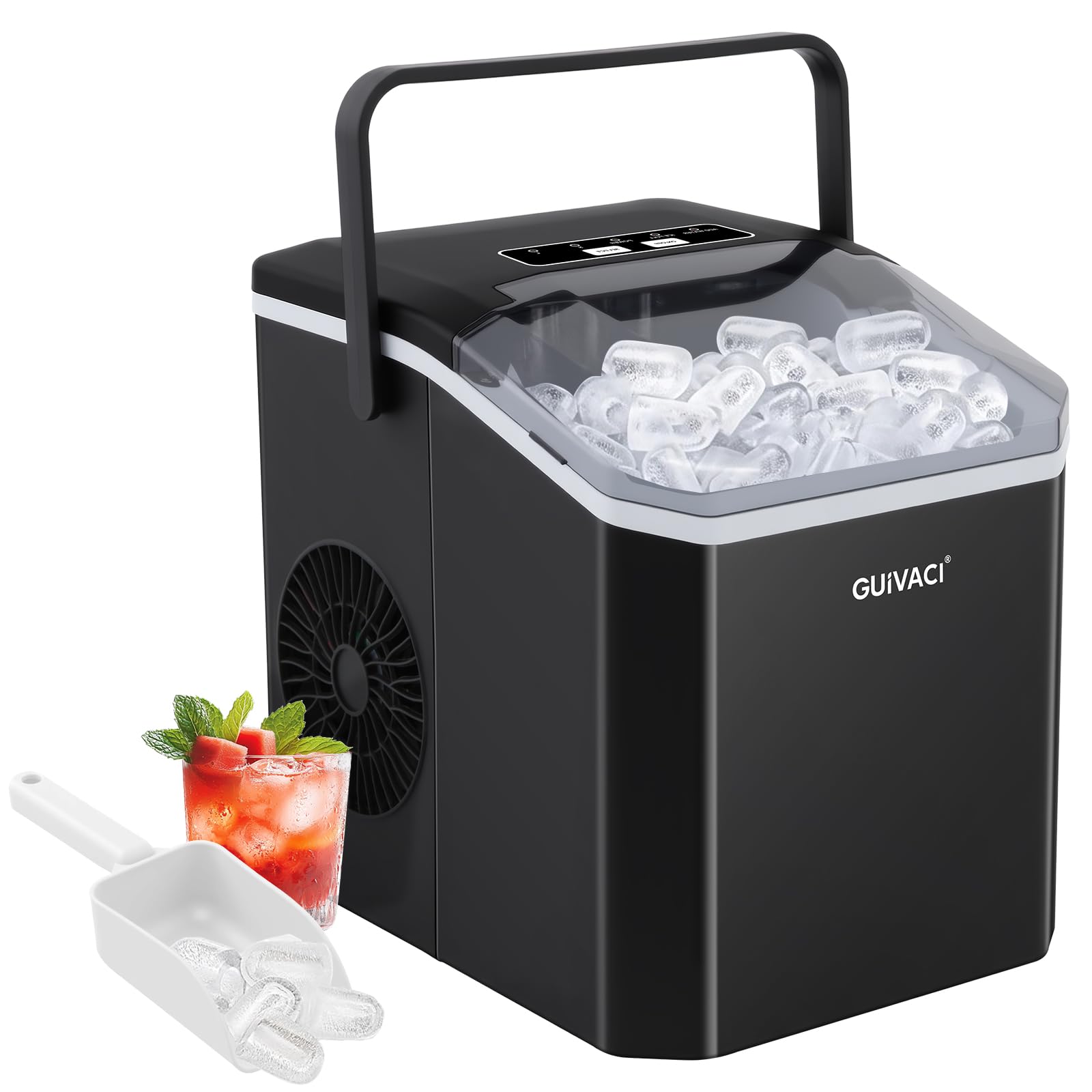 Eiswürfelmaschine mit Selbstreinigung – 9 Würfel in 6 Min, 12 kg/24h, 2 Größen, tragbar mit Griff, für Küche, Büro, Bar & Party