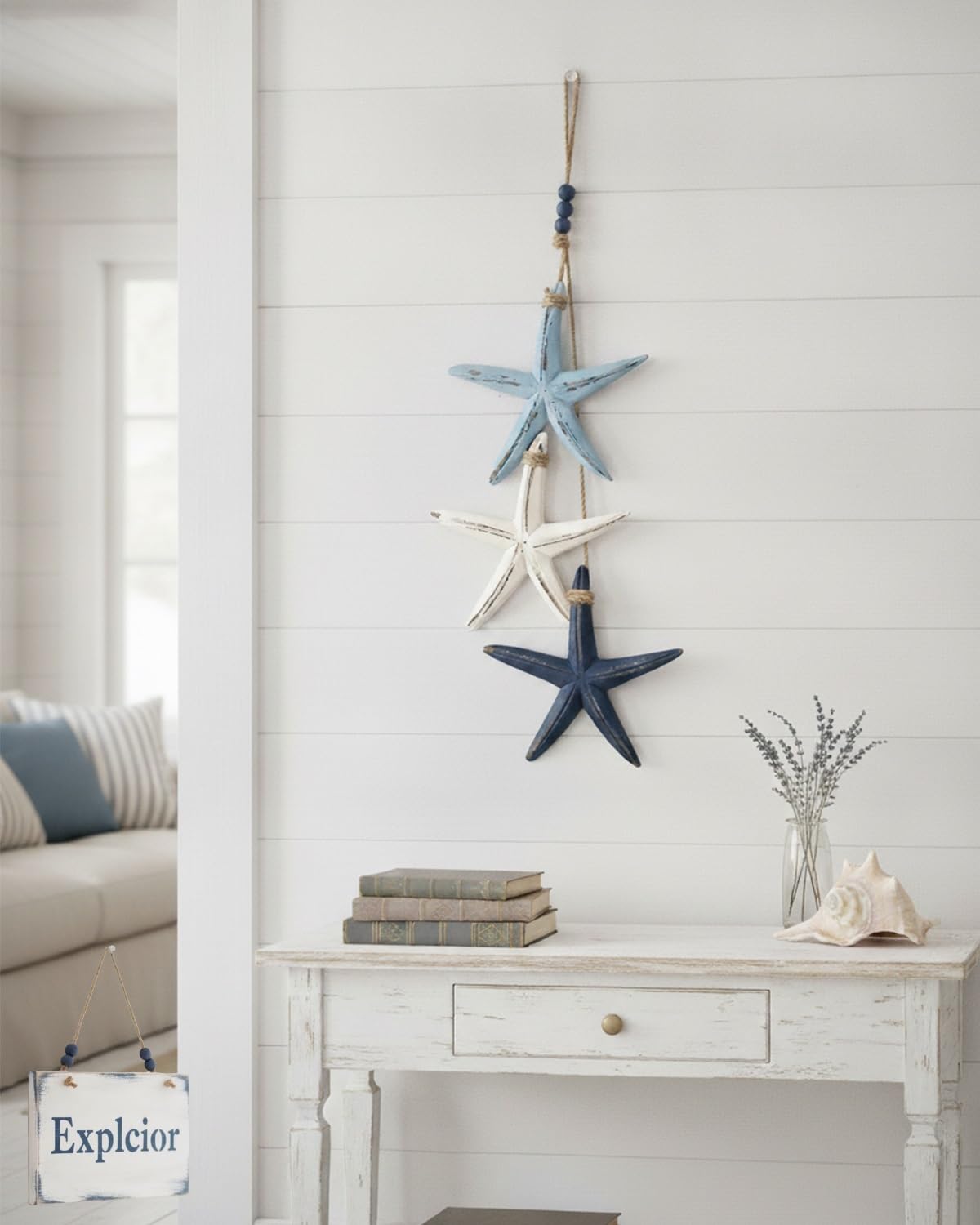Explcior Lighted Wooden Fish & Starfish Wall Decor Beachy Mediterranean Nautical Wall Hanging Decor with Warm LED Wooden Coastal Beach Style Rope Ornament for Bathroom Porch & Beach House
