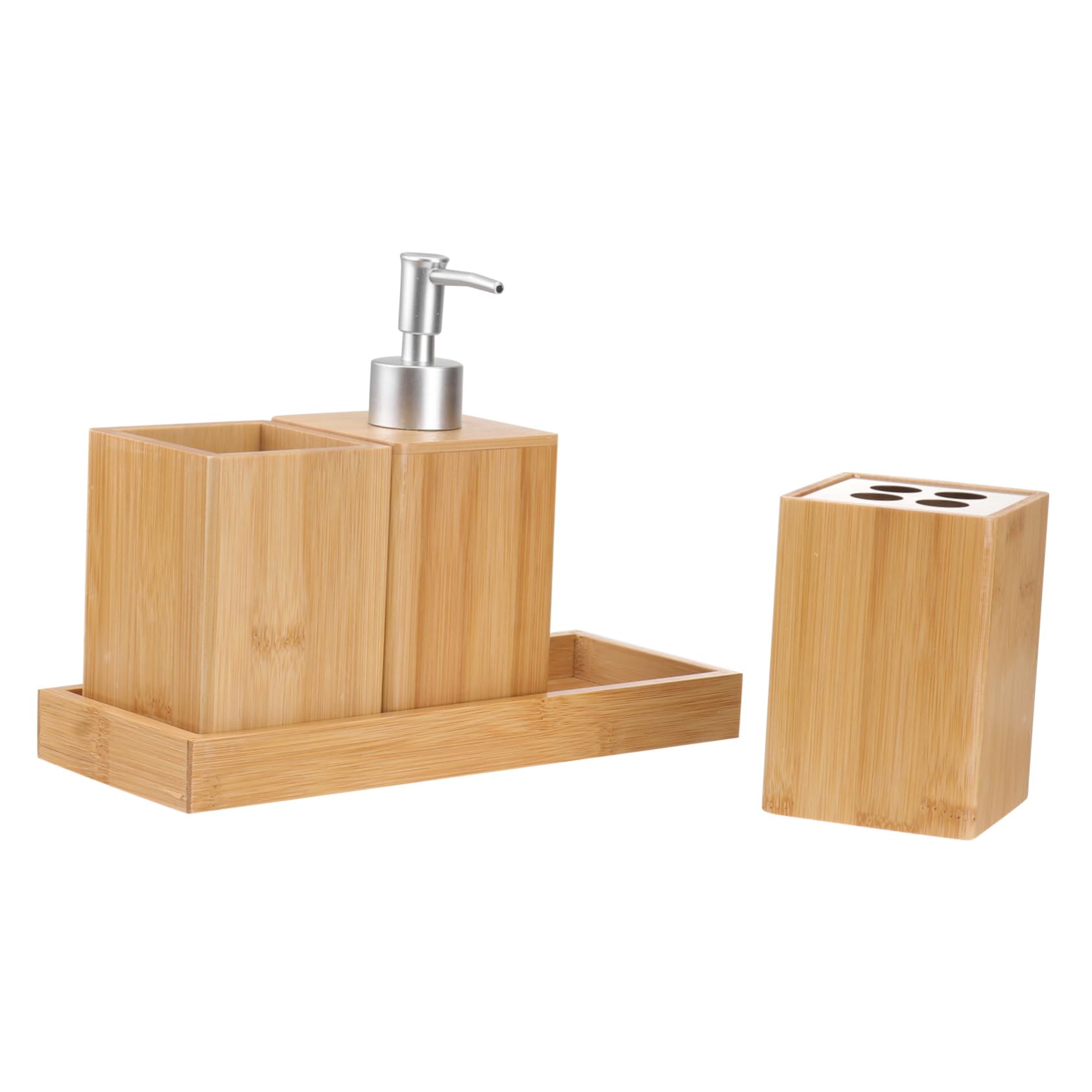 Set Accessori Bagno Bamboo 4 Pezzi in Ceramica Legno | Organizer da Lavabo, Stile Moderno per Piano, Pratico e Facile da Pulire, Colore Marrone Argento