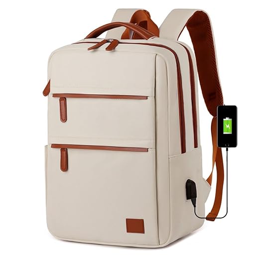 Mochila de Viagem Feminina Com Grande Capacidade Nylon Impermeável Com Interface de Carregamento USB Multifuncional - Bege