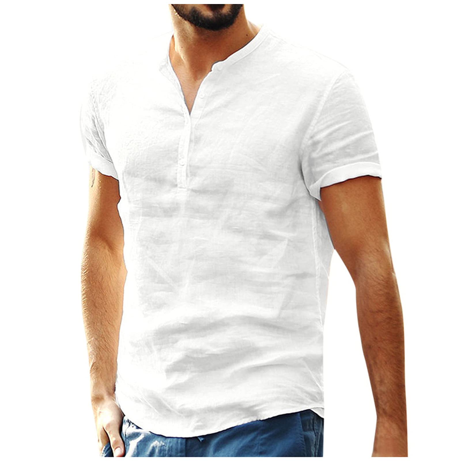 NUSGEAR Nuevo 2021 Camiseta Hombre Verano Algodón y Lino Manga Corta Color sólido Moda Casual Suelto T-Shirt Blusas Camisas Camiseta Cuello en v Suave básica Camiseta Ligero Transpirable Top