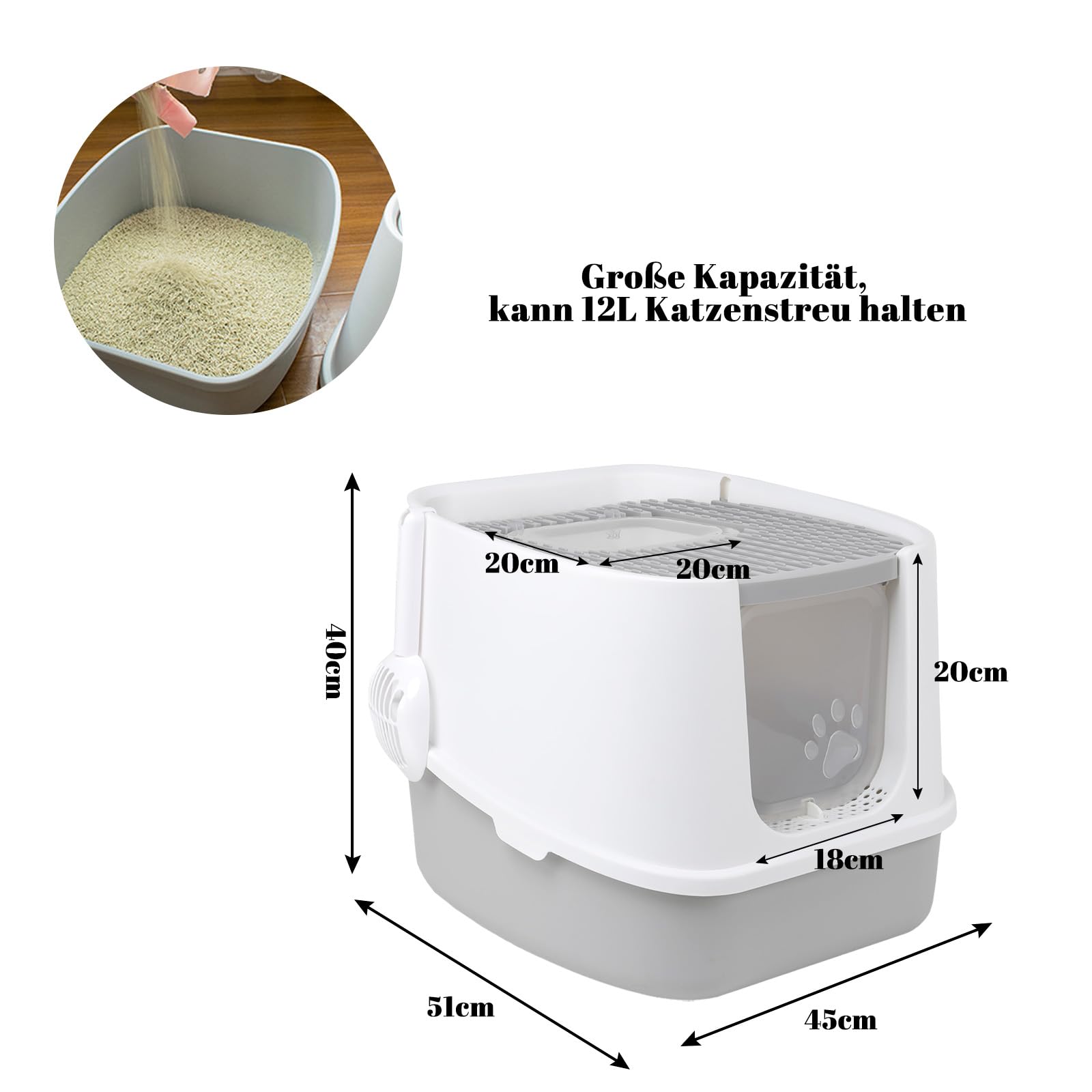 CALIYO Katzenklo mit Deckel - Anti-Geruch Katzenklo Geschlossen mit Hoher Rand, Katzentoilette mit Sieb & Matte für Große Katzen bis 7.5kg, Cat Litter Box (Grau-Weiß, 51×45×40 cm)