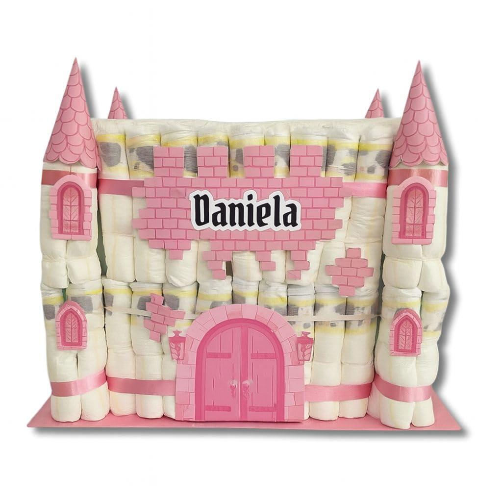 CASTILLO DE PAÑALES con 170 pañales - Regalos para recién nacido - Baby shower - Regalo para bebés - Regalos con pañales - TARTAS DE PAÑALES Y MÁS (ROSA)