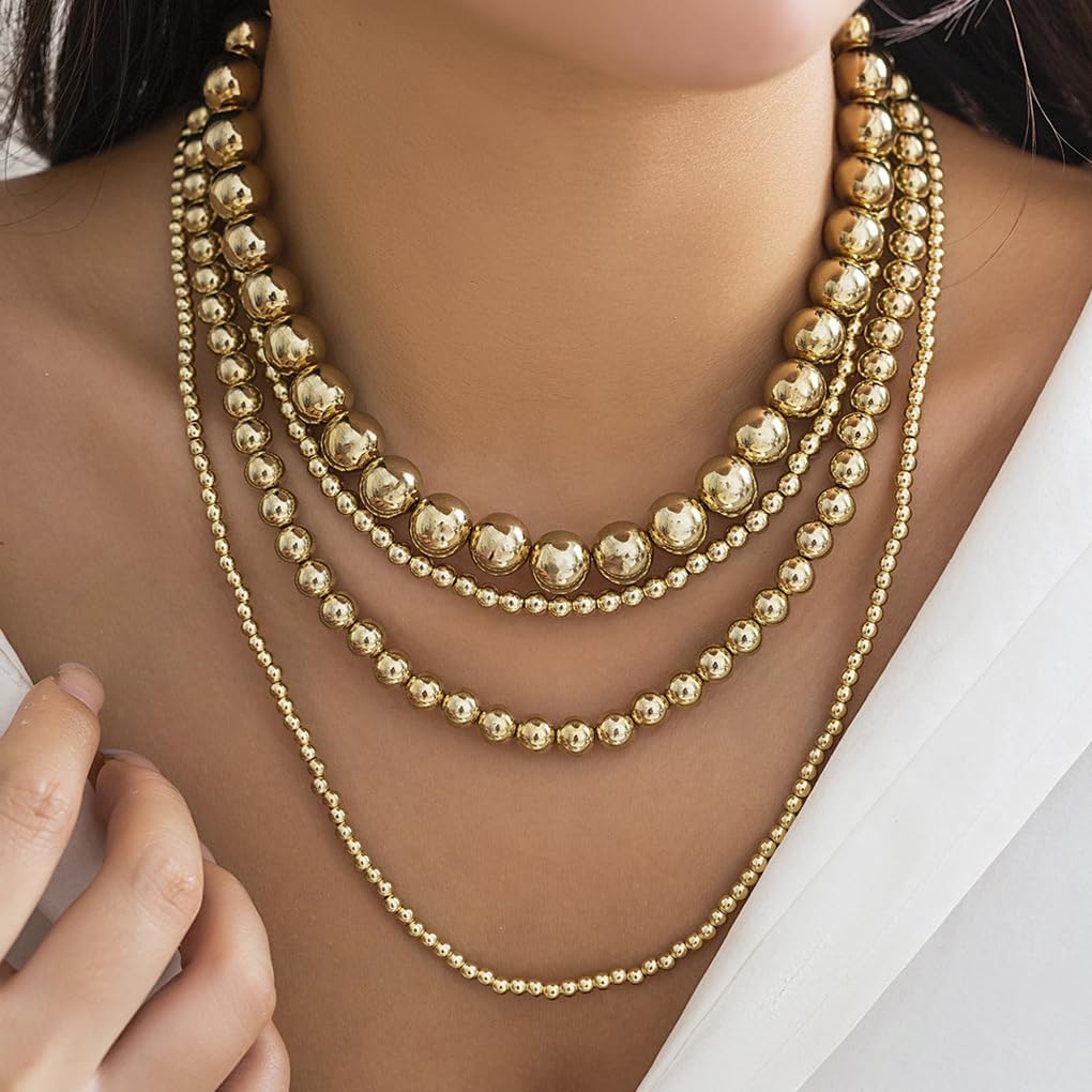 Chunky Gold Bead Stackable Necklace for Women,Vintage Layered Big Round Beaded Statement Collar Necklaces,Formal Accessories Party Jewelry Gift