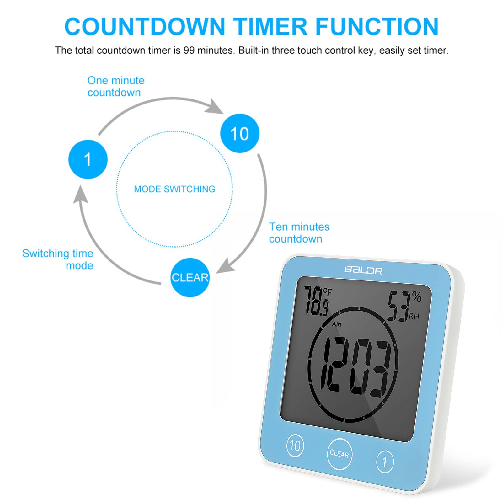 DEECOZY Tendlife - Orologio termoigrometro, orologio da bagno, sveglia digitale LCD, timer per doccia, orologio da bagno portatile con controllo tattile per cucina e bagno