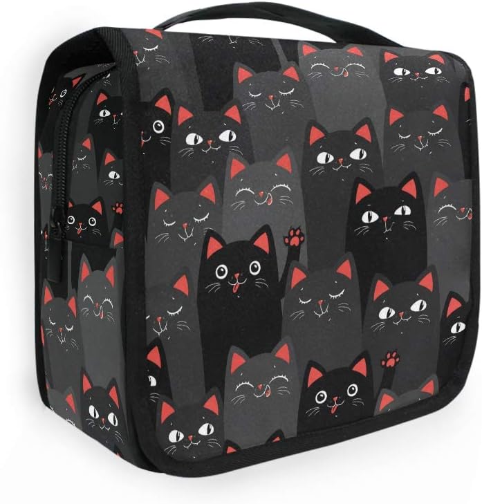 Kawaii Black and Grey Cats Toiletry Bag - Organised Travel Wash Bag with Hanging Hook - Portable Cosmetic Organiser for Women, Girls, Kids - Perfect for Travel, Gym, Camping, Home