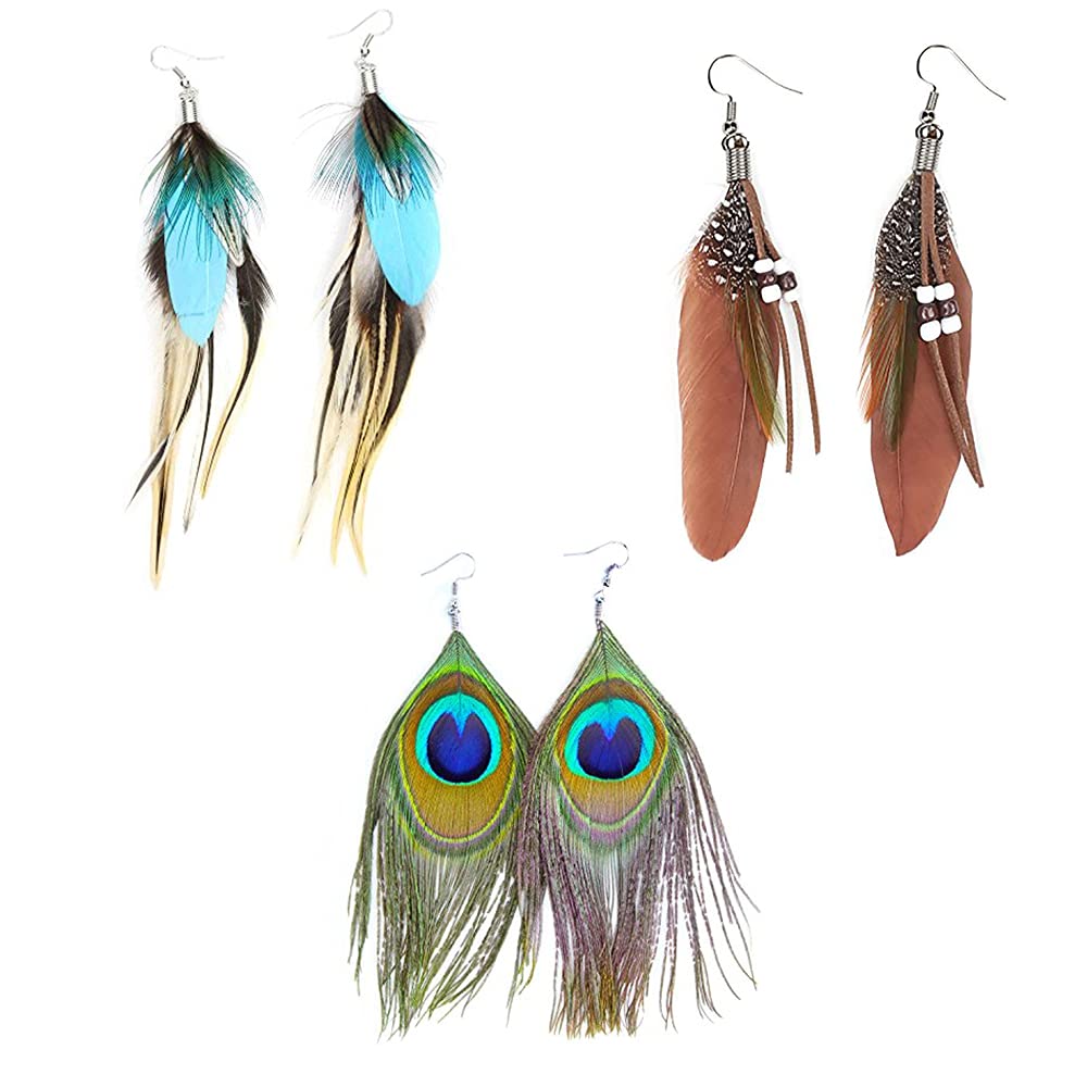 3 PCS Native Feather Dangle Earrings for Women Long Peacock Boho Goose Hook Earring