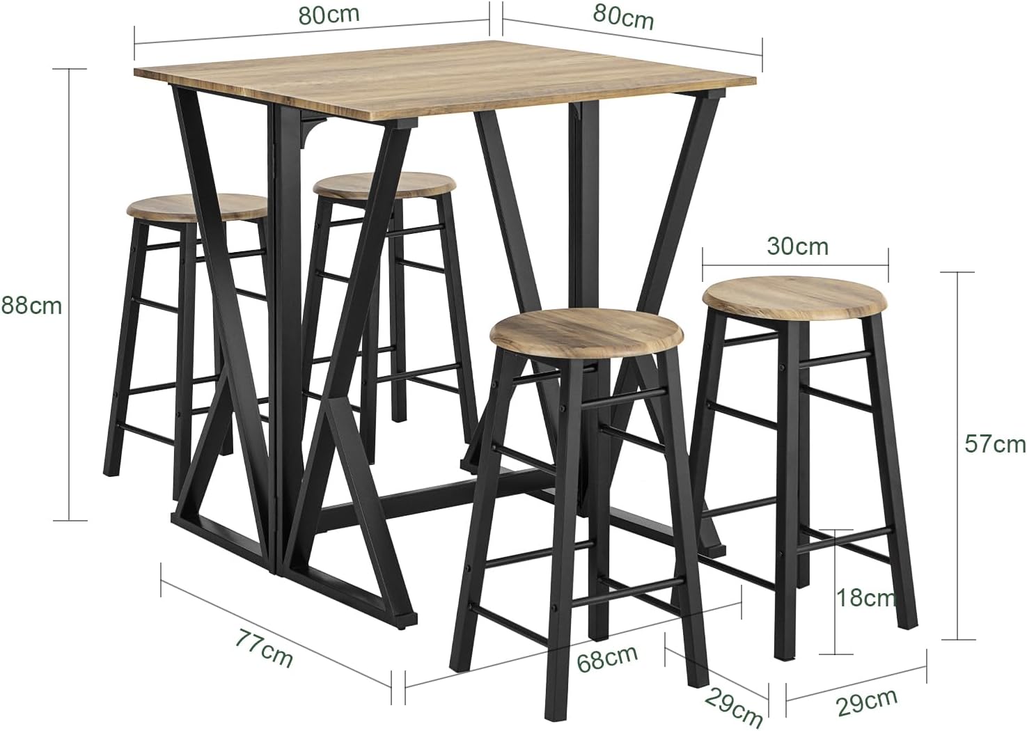 Diagram showing the dimensions of the SoBuy OGT24-N table and stools