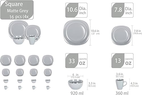 Miniatura 2 de HomeVss, Juego de vajilla cuadrada de gres de 16 piezas, gris mate