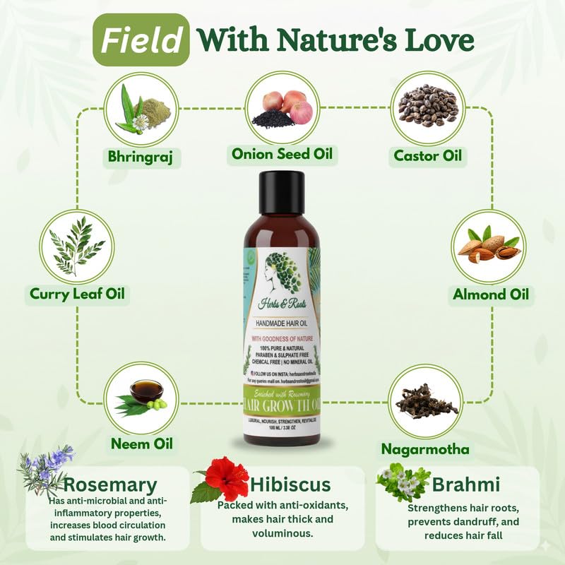 Image of Herbs & Roots Hair Growth Oil - enriched with rosemary Nourishing Ayurvedic Herbal Oil for Hair Fall Control, Hair Regrowth, Strong Roots & Healthy Scalp pack of 2 |100ml each