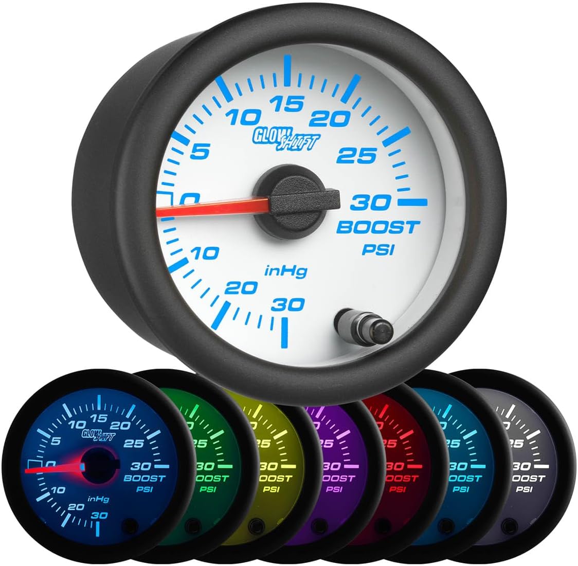 GlowShift White 7 Color 30 PSI Turbo Boost/Vacuum Gauge Kit - Includes Mechanical Hose & T-Fitting - White Dial - Clear Lens - for Car & Truck - 2-1/16" 52mm