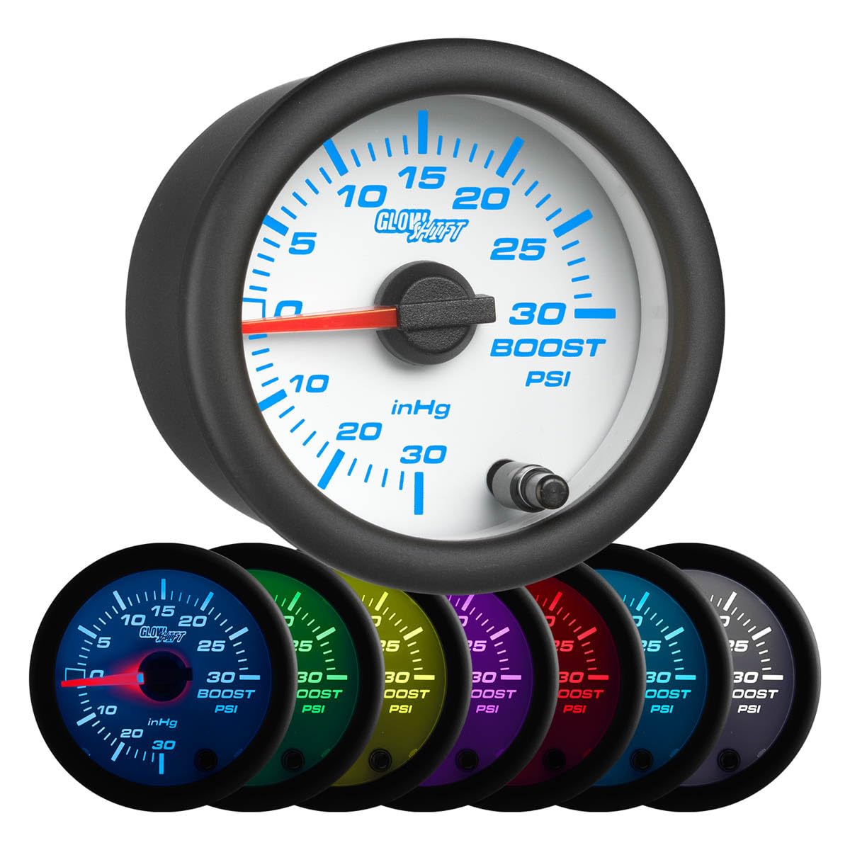 GlowShiftWhite 7 Color 30 PSI Turbo Boost/Vacuum Gauge Kit - Includes Mechanical Hose, T-Fitting & Wiring - Multi-Color Display - White Dial - Clear Lens - for Car & Truck - 2-1/16" 52mm