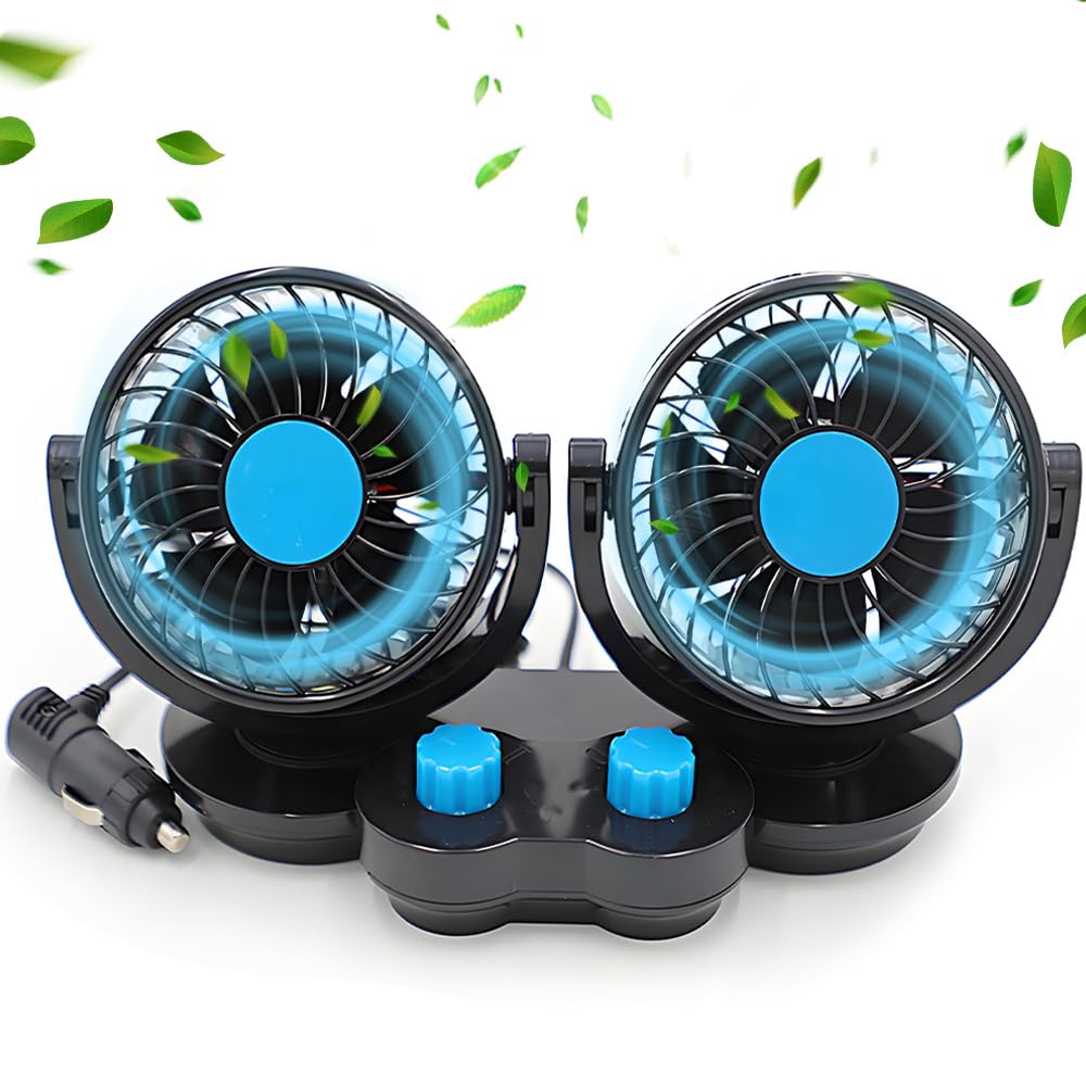 Ventilatore Auto a Doppia Testa 12V, 360° Ruotabile Ventilatore Silenzioso Potente, 2 Velocità con Presa Accendisigari, Potente e Silenzioso, per SUV RV ATV Camion Campe