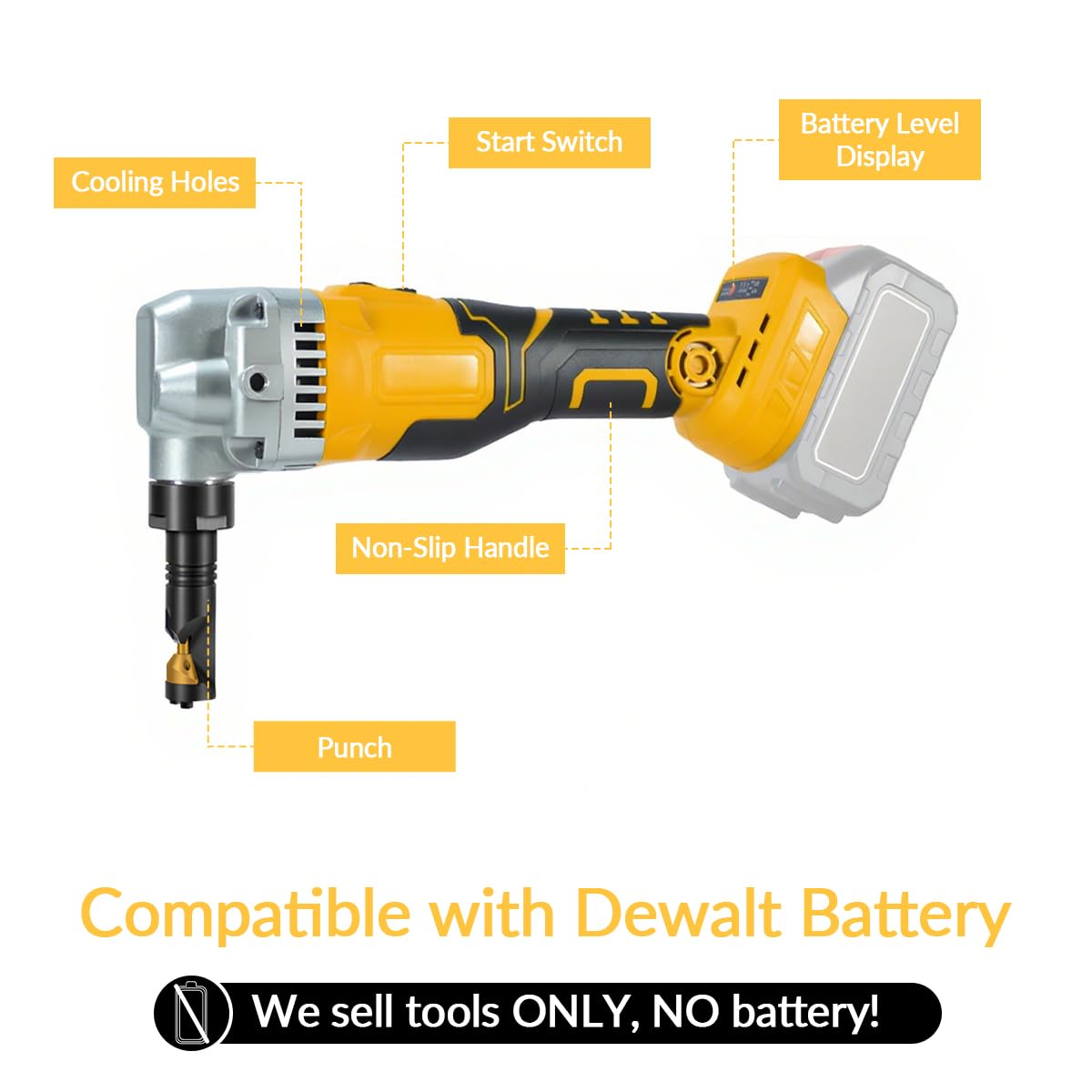 Nibbler de metal inalámbrico compatible con batería DeWalt de 20 V, 3 velocidades ajustables, cabezal giratorio de 360°, tijeras de metal para cortar acero inoxidable, aluminio (sin batería)