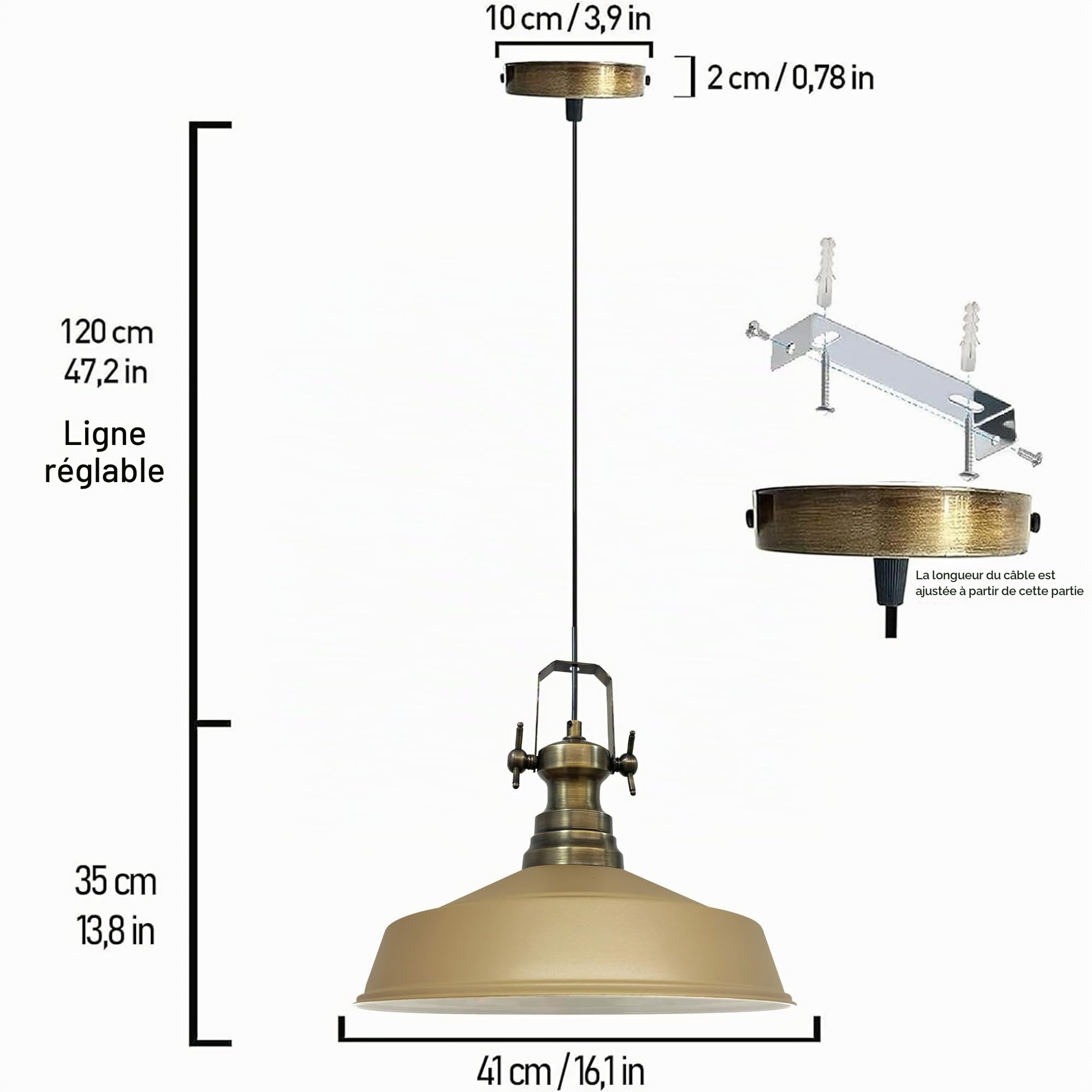 bamyum Asletl Lampe à Suspendre Industrielle, Abat-Jour de 40 cm, Lampes de Cuisine Modernes en Métal, Lampe à Suspendre E27 pour le Salon et la Salle à Manger, Beige