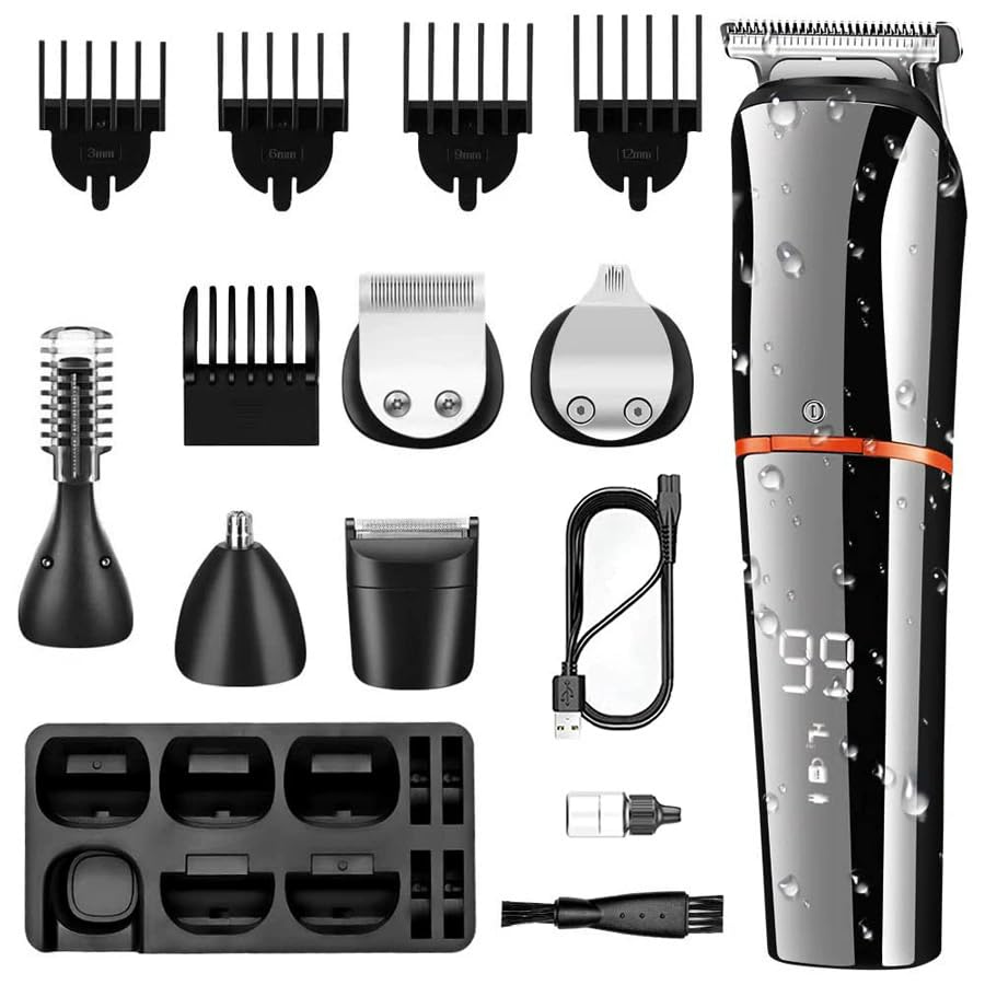 Smart-J Regolabarba Uomo 10 in 1 – Tagliacapelli, Rifinitore di Precisione, Tagliapeli Naso/Orecchie – Display LED, Ricarica USB, Base Inclusa, Waterproof IPX6 – Grooming Kit Multifunzione