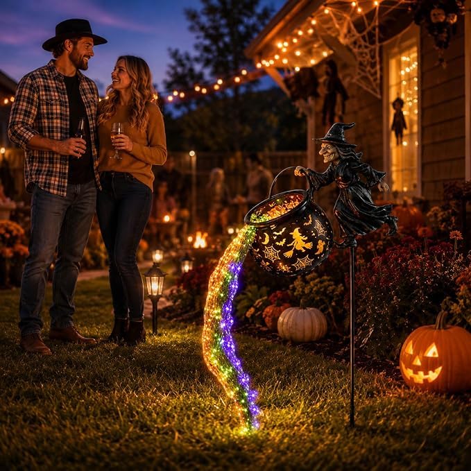 Halloween Decorations Outdoor, Witches Cauldron Halloween Witch Cauldron Garden Light Garden Decorations Yard Decor Colorful Waterfall-Style Projector Lights