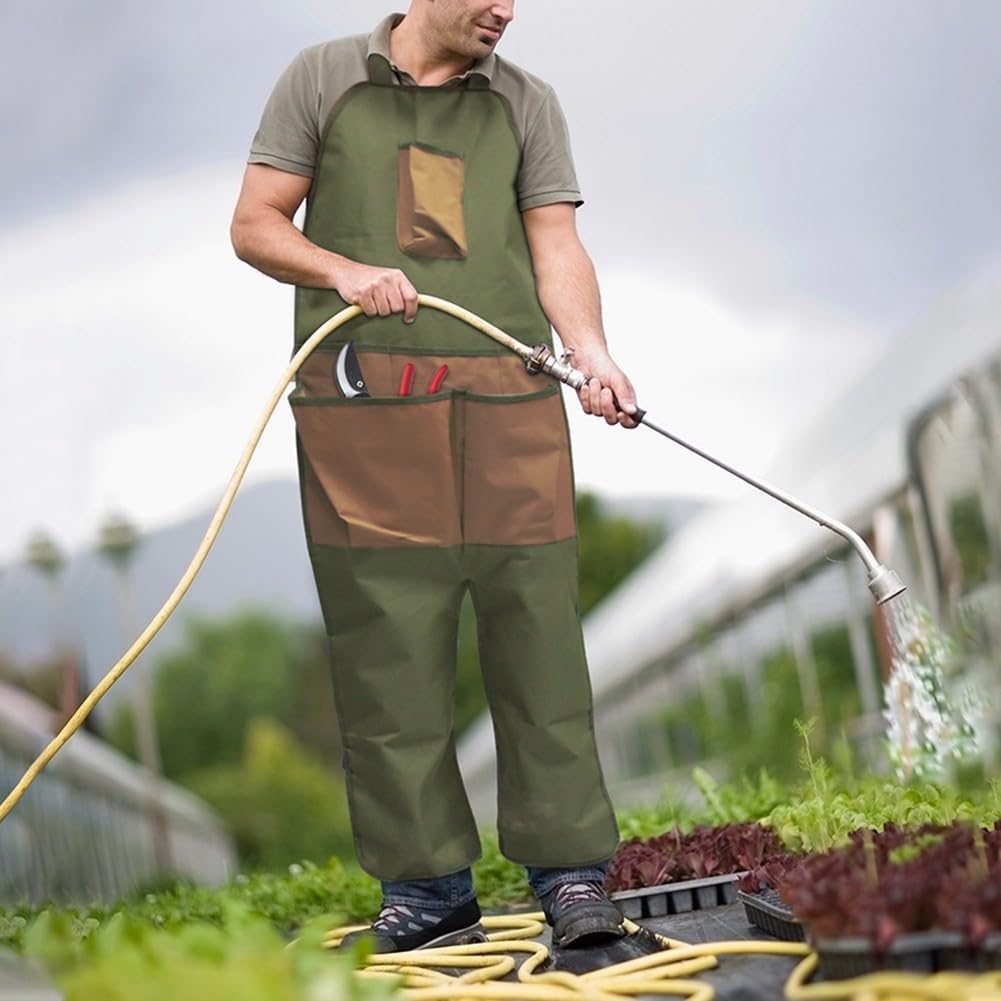 ZYWUOY Tablier de jardin imperméable avec poches, protection pleine longueur réglable pour homme et femme, tissu Oxford très résistant pour jardinage et travail agricole, vert