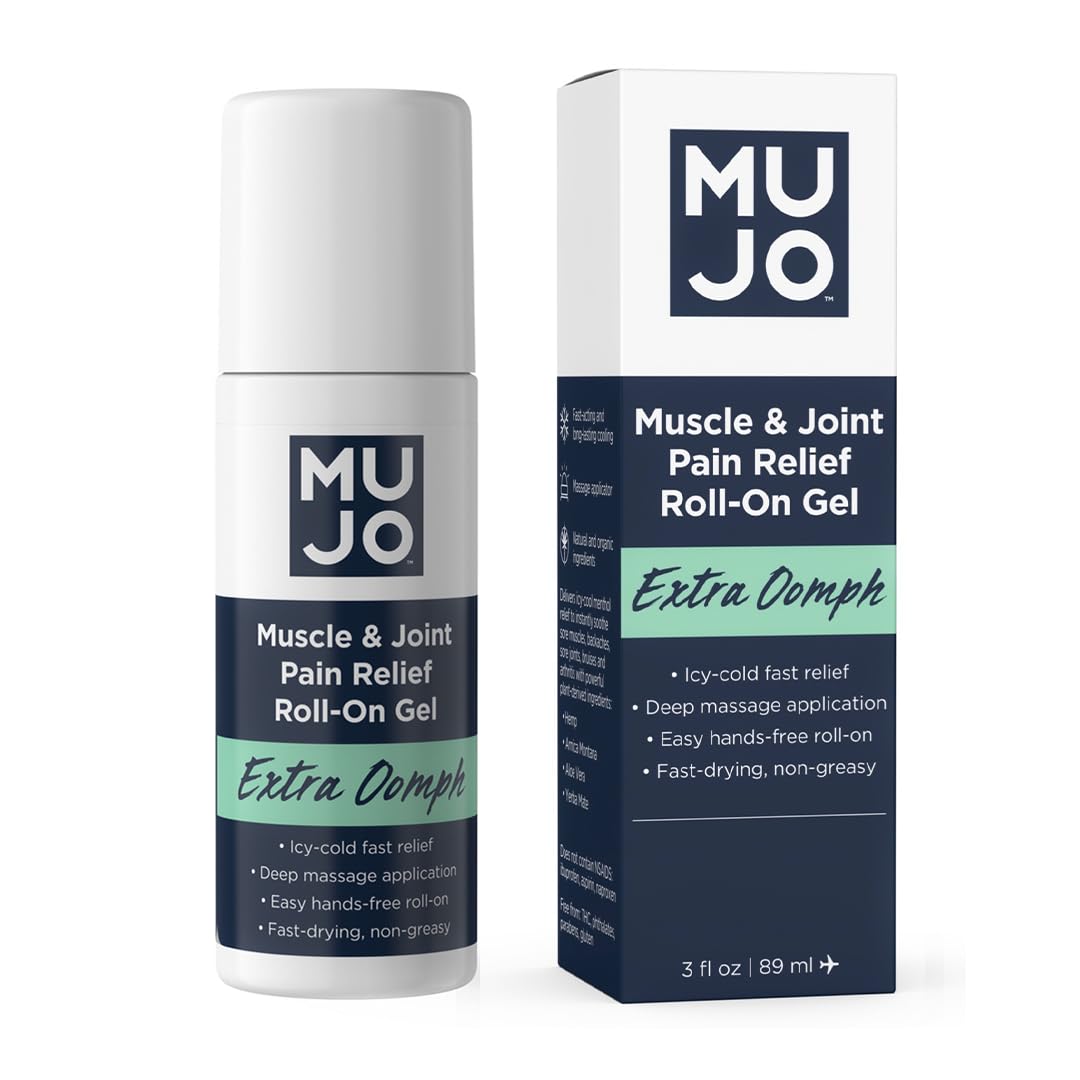 MUJO Extra Oomph — Quick Pain Relief Roll-On Gel + Organic Menthol + ICY Muscle Relief + Fast-Acting Menthol + Aloe + Arnica — for Joint and Back Aches — 3 fl oz