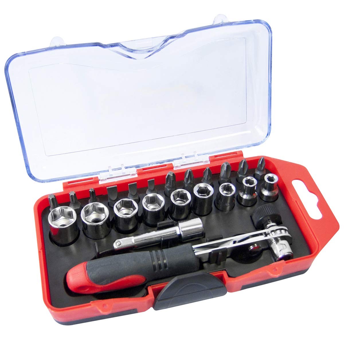 Amtech Black & Red - 23Pc Offset Ratchet Handle, Bit & Socket Set, Reversible 1/4In Drive With Extension, For Confined-Space Fastening, Diy & Automotive Tasks