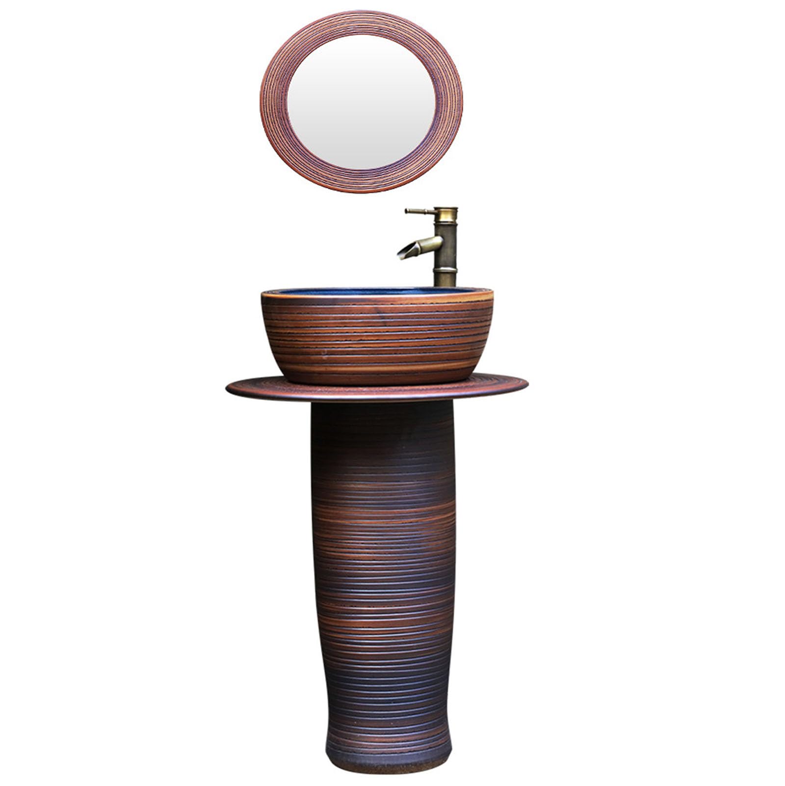 WDSOPK Bathroom Pedestal Sink, Pedestal Sink Kaolin Bath Sink, Modern Ceramic Bathroom Basin Sink with Full Pedestal and One Tap Hole Round Freestanding Sink