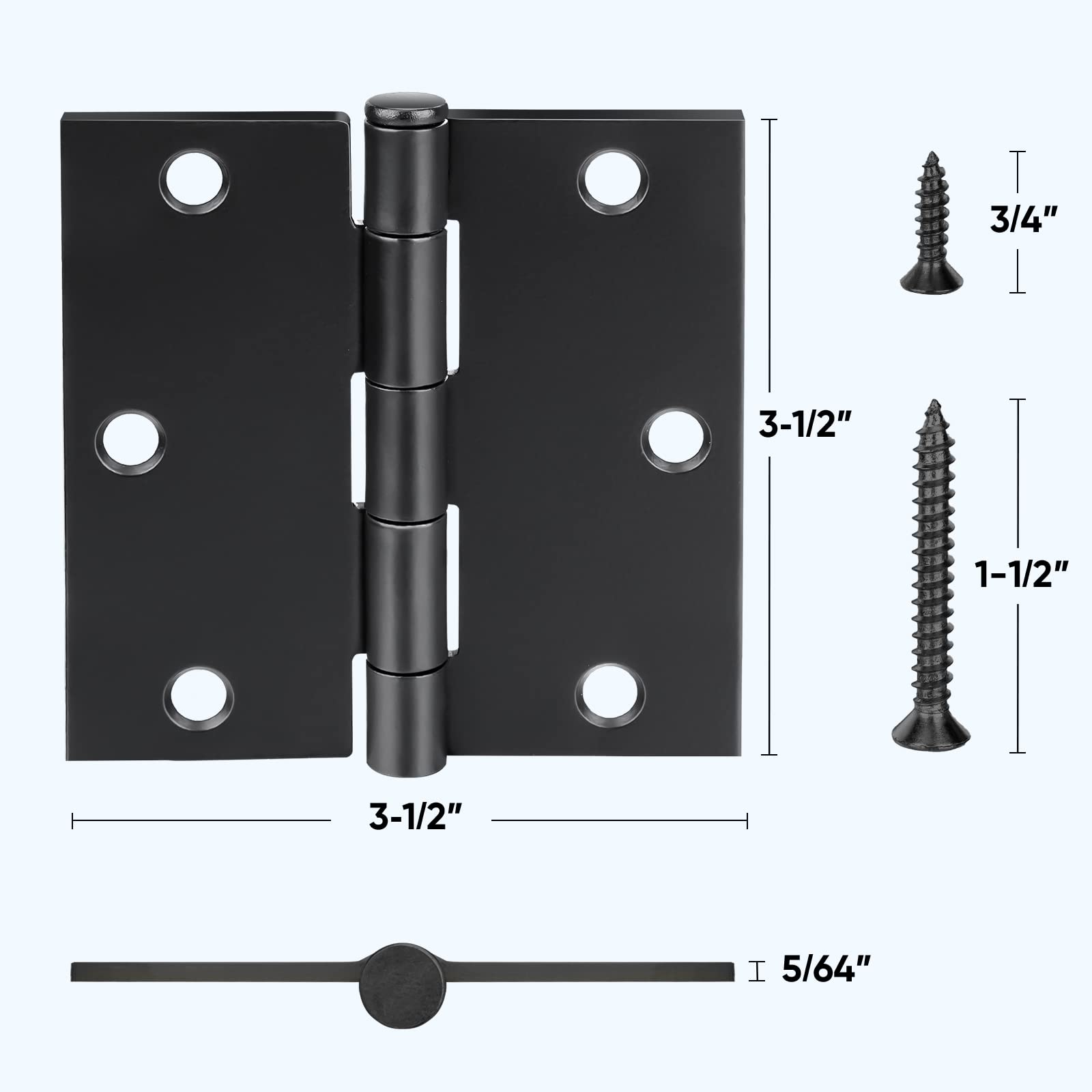 TICONN 18-pak zawiasów do drzwi 9,5 cm ze zdejmowanym trzpieniem, 7,5 x 8,5 cm żelazne podwójne drzwi mieszkalne (kwadratowy narożnik, czarny matowy, 18 sztuk)