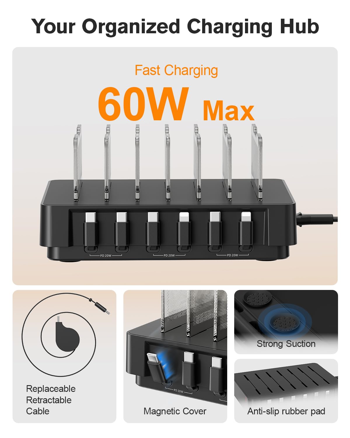 SooPii HomeHub H1, estación de carga de 60 W para múltiples dispositivos con 4 cables retráctiles magnéticos C a C y 2 C a iP, organizador de cargador para iPhone 17/16, tablet, Samsung, AirPods y más