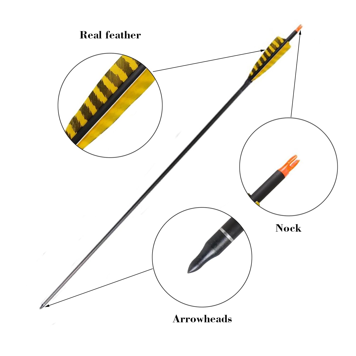 TOPARCHERY 32 Inch Carbon Archery Arrows?Spine 400 with Removable Tips, 4inch Turkey Feather, Hunting and Target Practice Arrows for Compound Bow and Recurve Bow, 6 Pack (Yellow and Black)