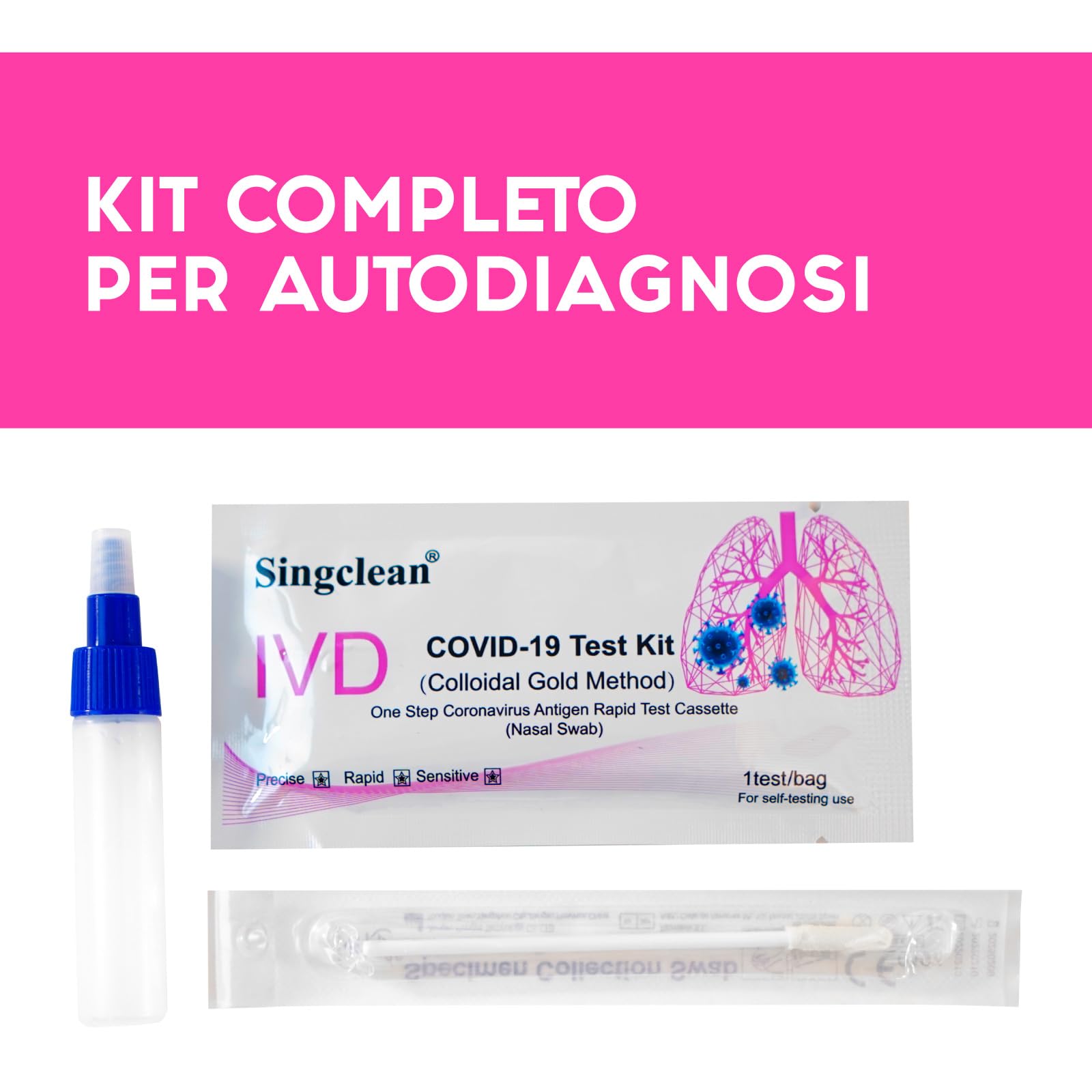 20x Tamponi COVID 19 - Test Nuove Varianti 2025 - Tamponi Rapidi Nasali Certificati per Uso Domestico, Risultato Rapido - Singclean IVD