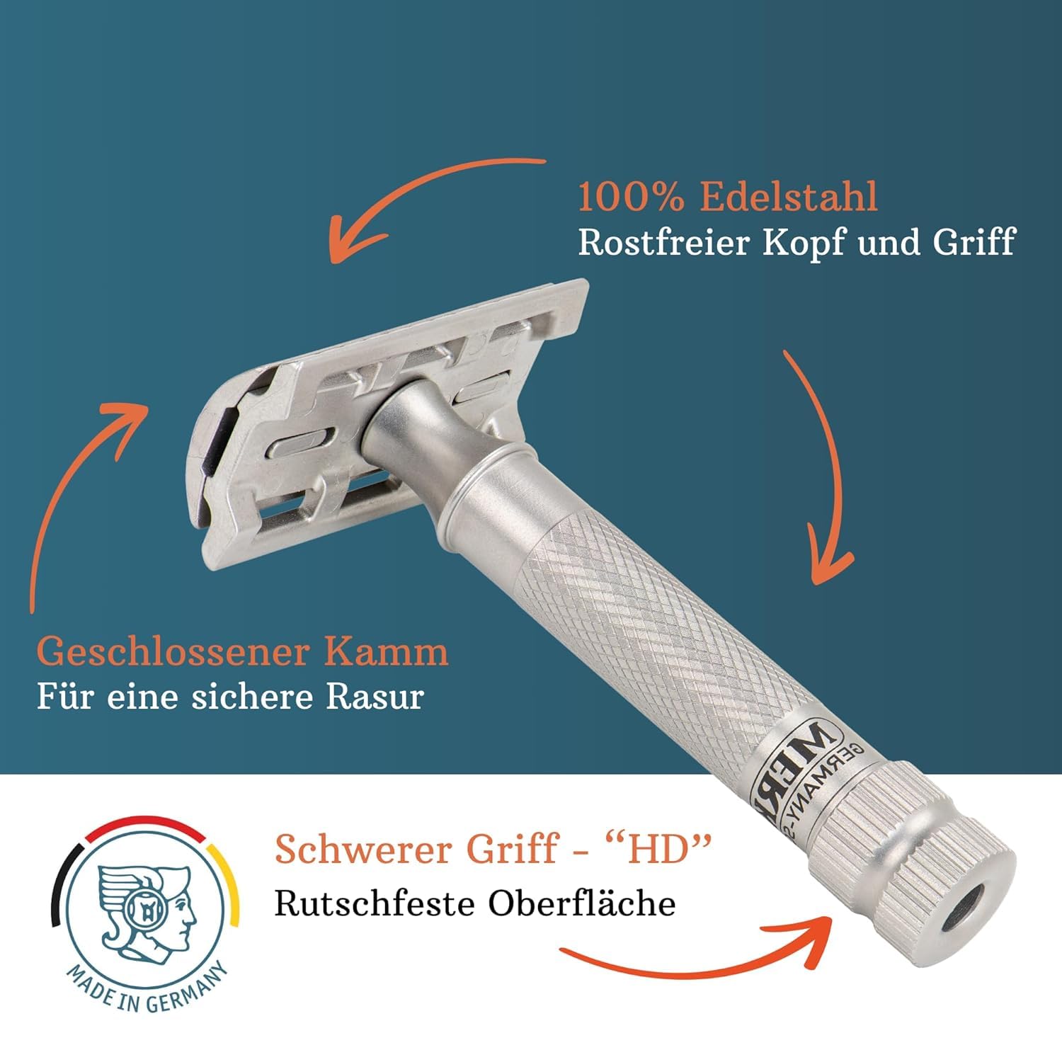 MERKUR Stainless Steel Safety Razor Set 34 INOX |Includes Premium Safety Razor, Leather Case and 10 x Platinum Blades | Satin Matt | Closed Comb | Ideal for Wet Shaving | Made in Germany